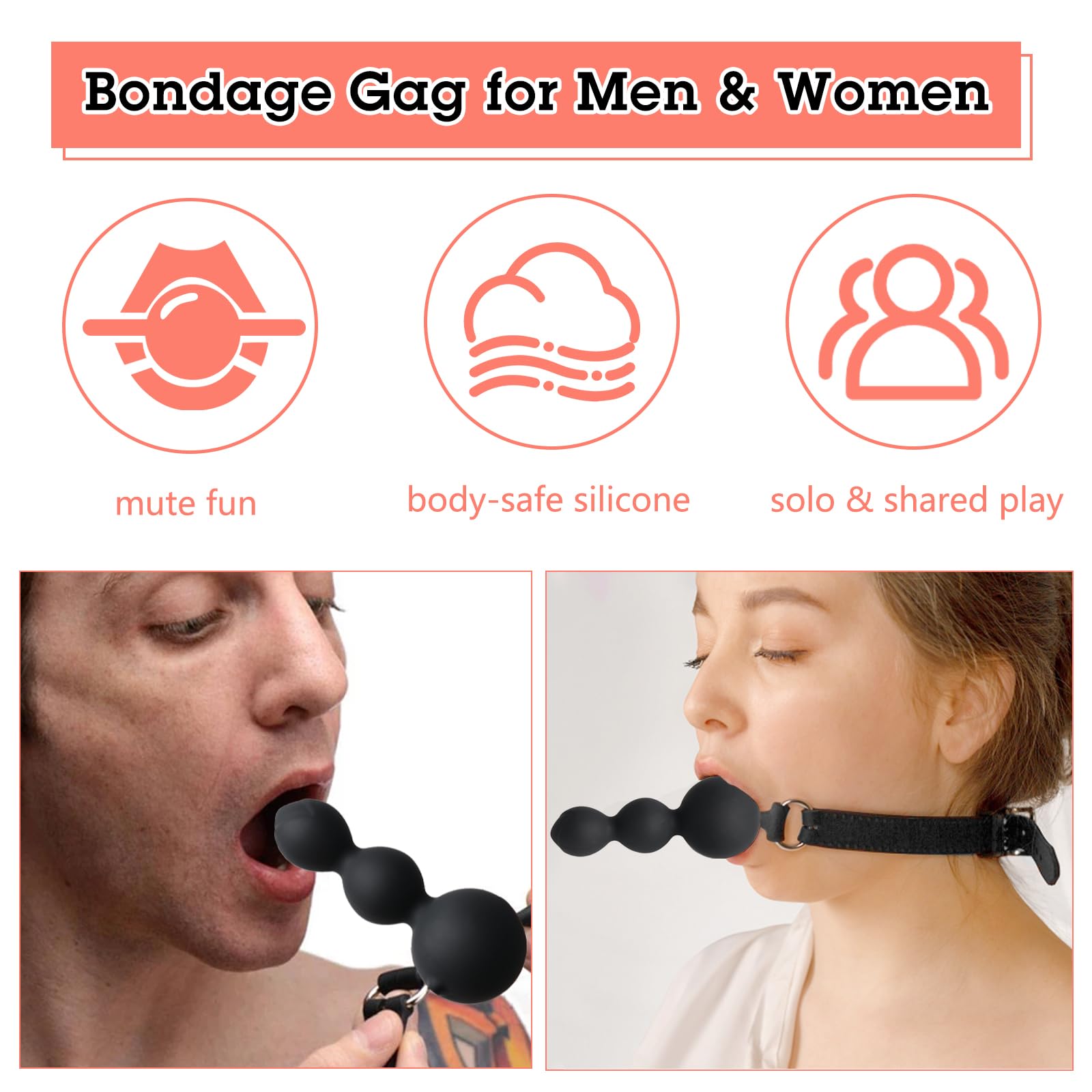 BDSM Ball Gag Sex Toy - Adjustable Leather Strap Silicone Mouth Gag with Beads for Bondage Play - Adult Kinky Toys for Couples, Men & Women - Perfect for Role Play, BDSM Scenes & Spicing Up Your Sex Life