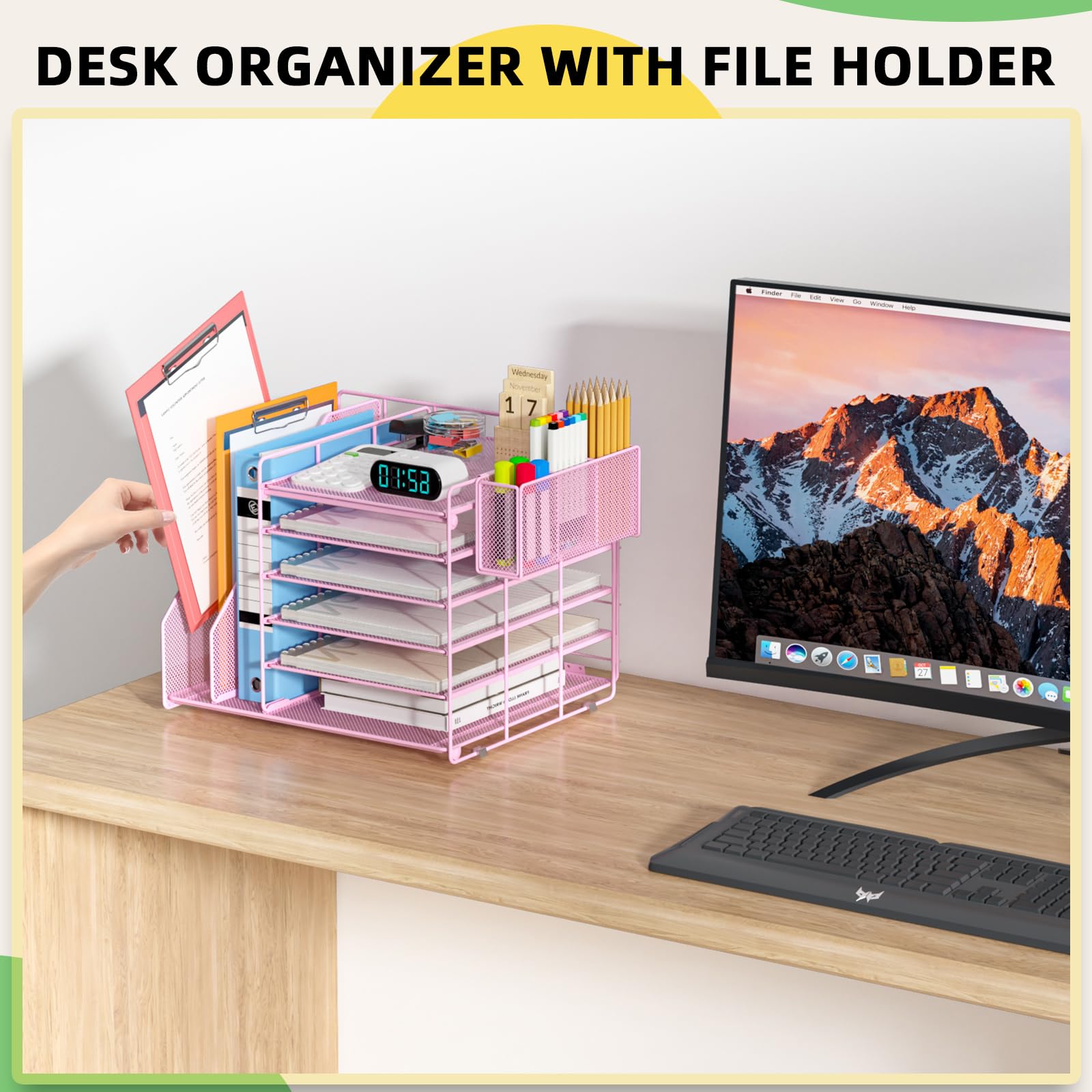 6-Tier Mesh File Organizer for Desk with File & Pen Holder - Office Desk Accessories & Workspace Organizer (Pink) - Perfect for Home Office, School & Workspace Organization