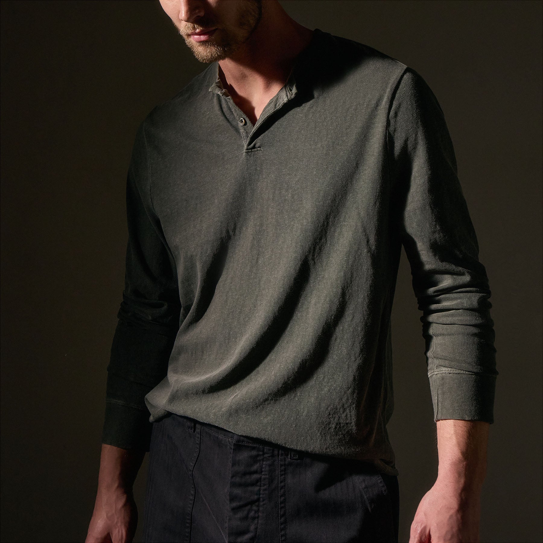 Men's Slub Jersey Henley Shirt - Granite Pigment Wash for Casual Wear & Layering | Soft & Breathable Cotton Tee for Everyday Comfort