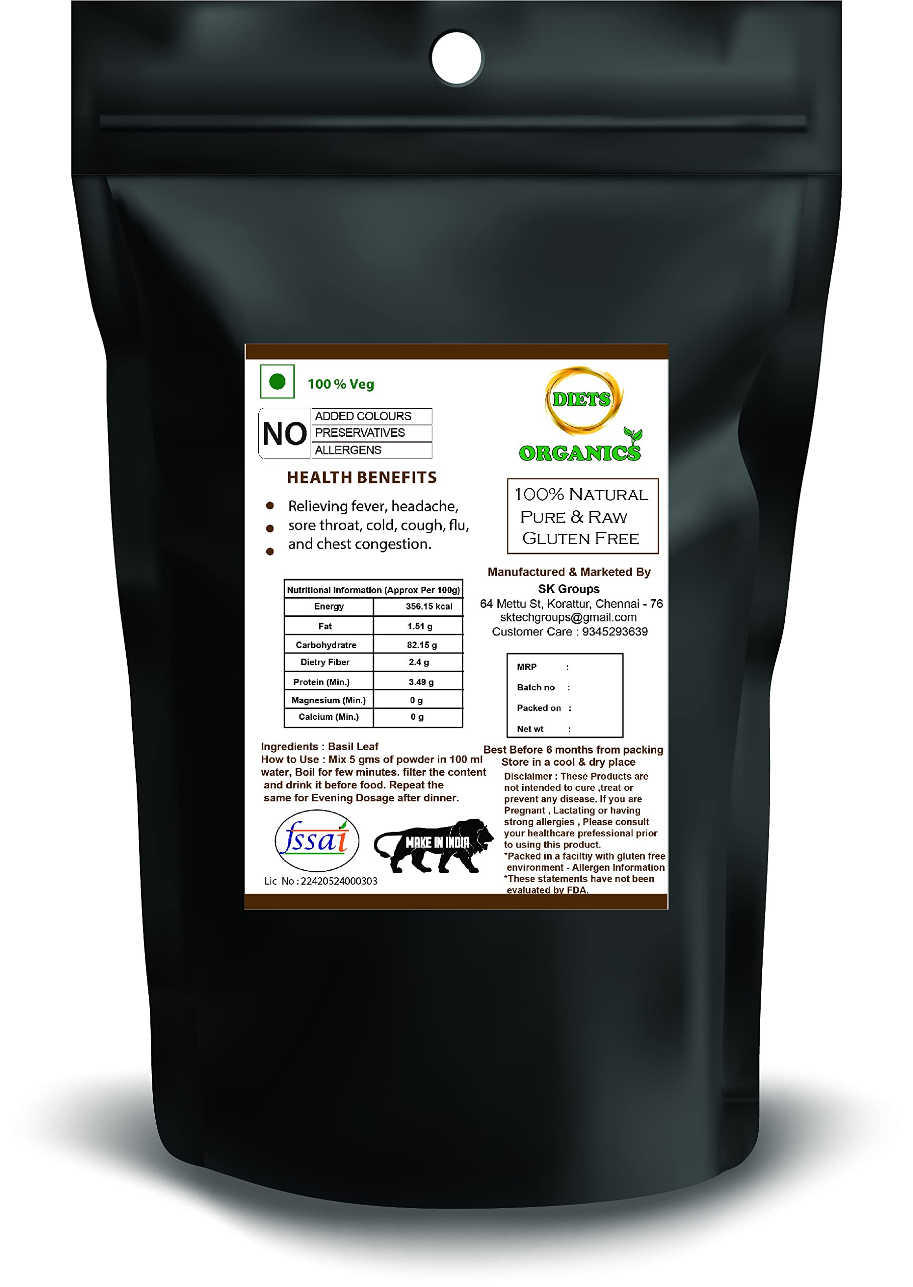 DIETS ORGANICS Pure Thulasi Powder (Tulsi/Basil Leaves Powder) 250g - Natural Ayurvedic Herb for Hair, Skin & Face Care - Perfect for Tea, Cooking & Beauty DIY