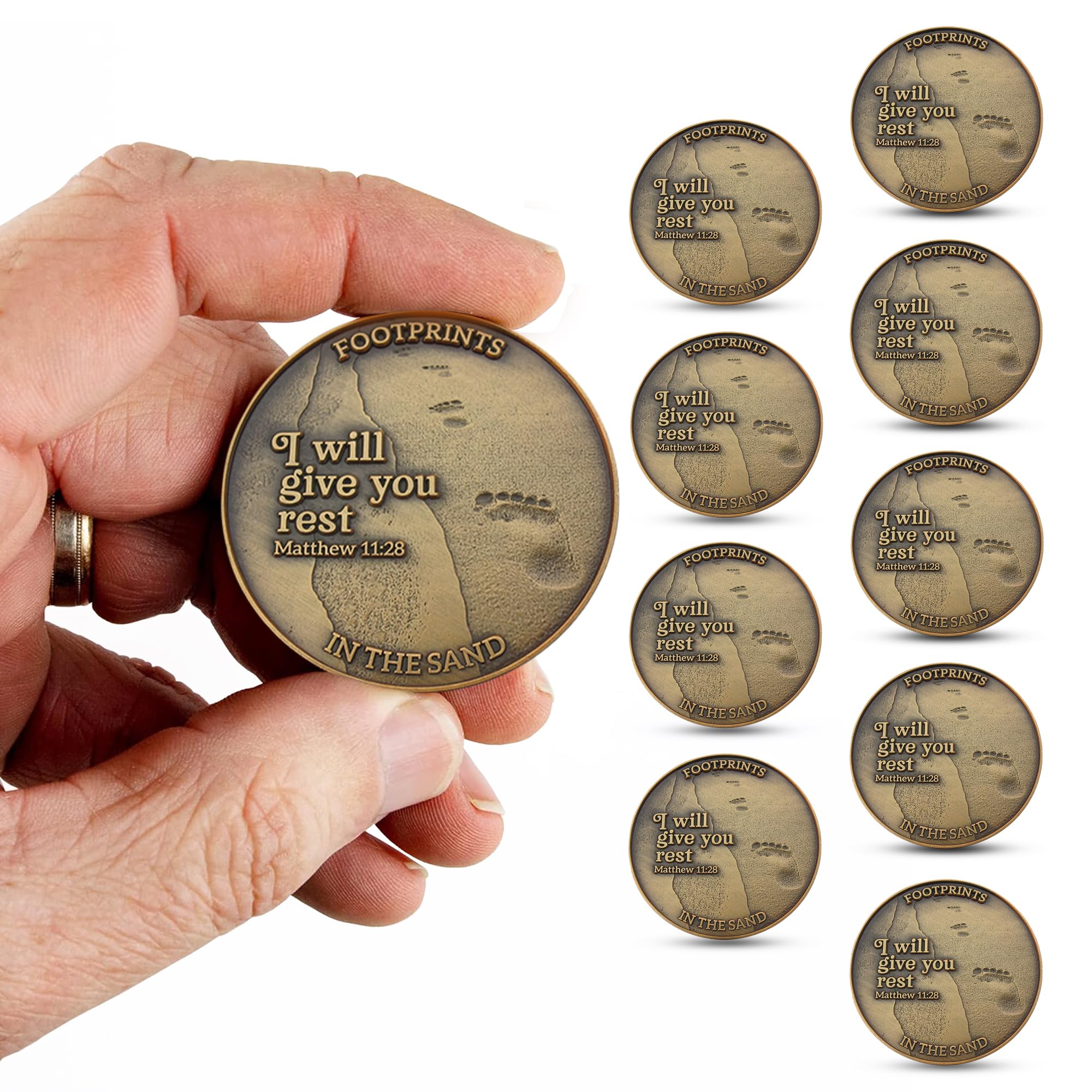 Matthew 11:28 Christian Challenge Coin - Pack of 10 Antique Gold Plated 1.75
