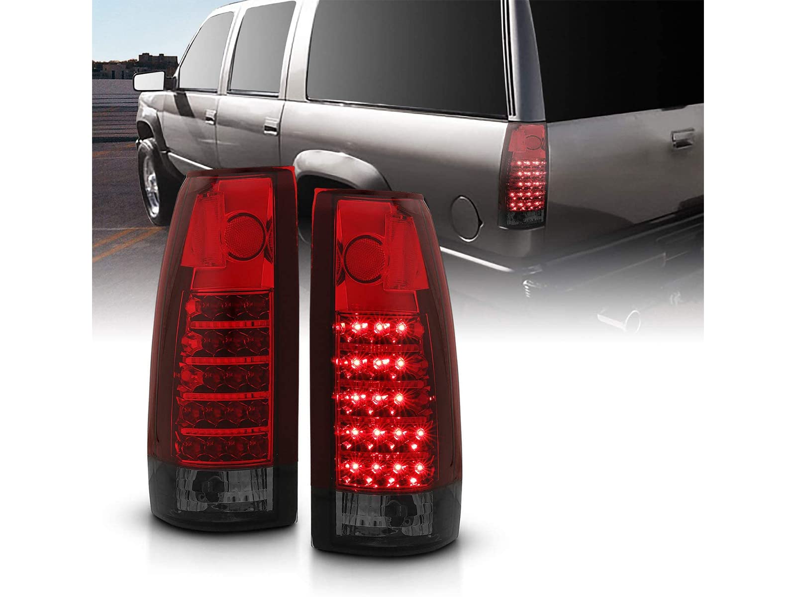AmeriLite LED Tail Lights Assembly Pair for 1988-1999 Chevy GMC C/K Pickup Truck, Tahoe & Suburban - Red Smoke Replacement (Driver & Passenger Side) | Enhanced Visibility & Style for Night Driving & Custom Builds
