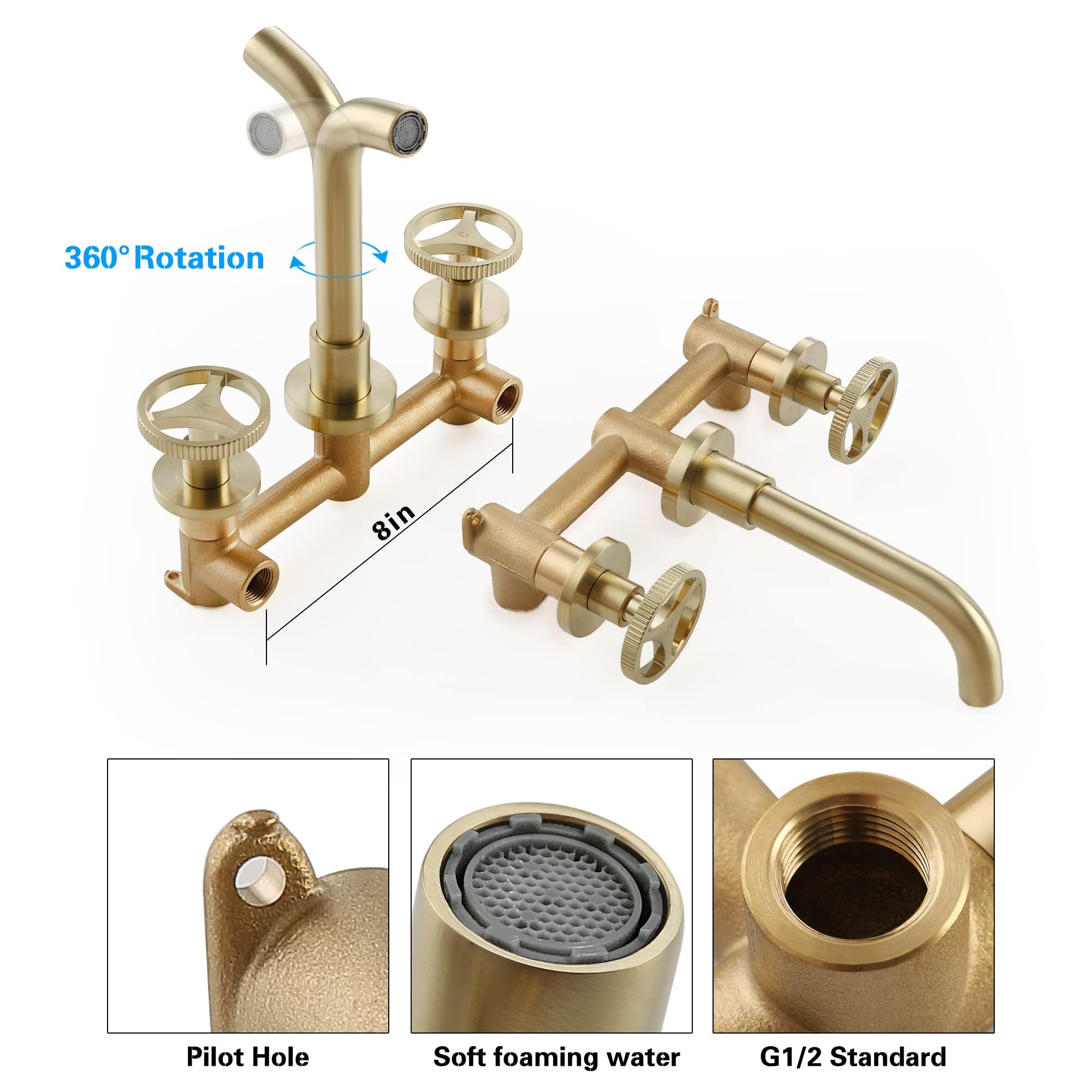 SKOWLL 3 Hole Widespread Bathroom Sink Faucet - Brushed Gold Brass Vessel Faucet with 360° Swivel Spout, Wall Mounted Modern Design for Bathroom Vanity & Powder Room