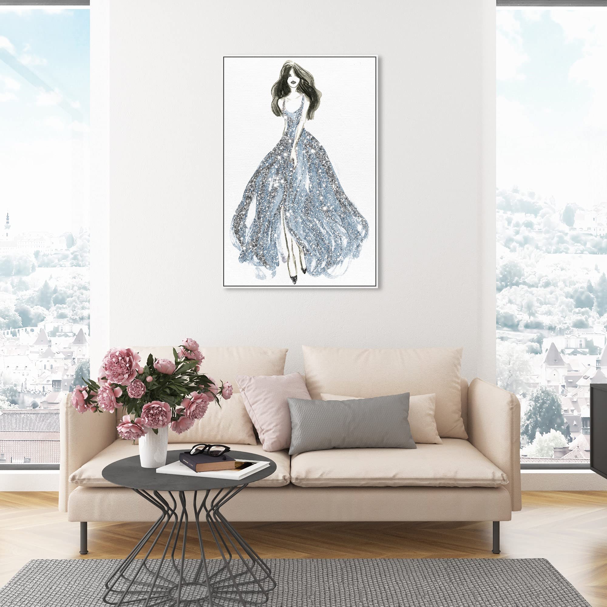 Oliver Gal Artist Co. Fashion & Glam Wall Art Canvas Print - Elegant Blue Dress Spring Décor, 30x45 Inch with White Frame | Perfect for Living Room, Bedroom & Office Decor