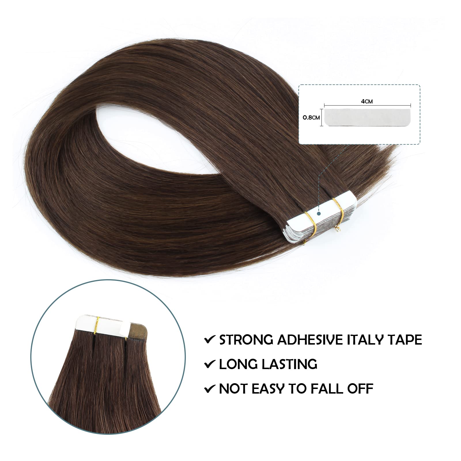20 Inch Dark Brown Remy Human Hair Tape in Extensions - Long Straight Invisible Skin Weft, 50g Semi-Permanent (20 Pieces, #2) for Natural Volume & Length - Perfect for Weddings, Parties & Daily Styling