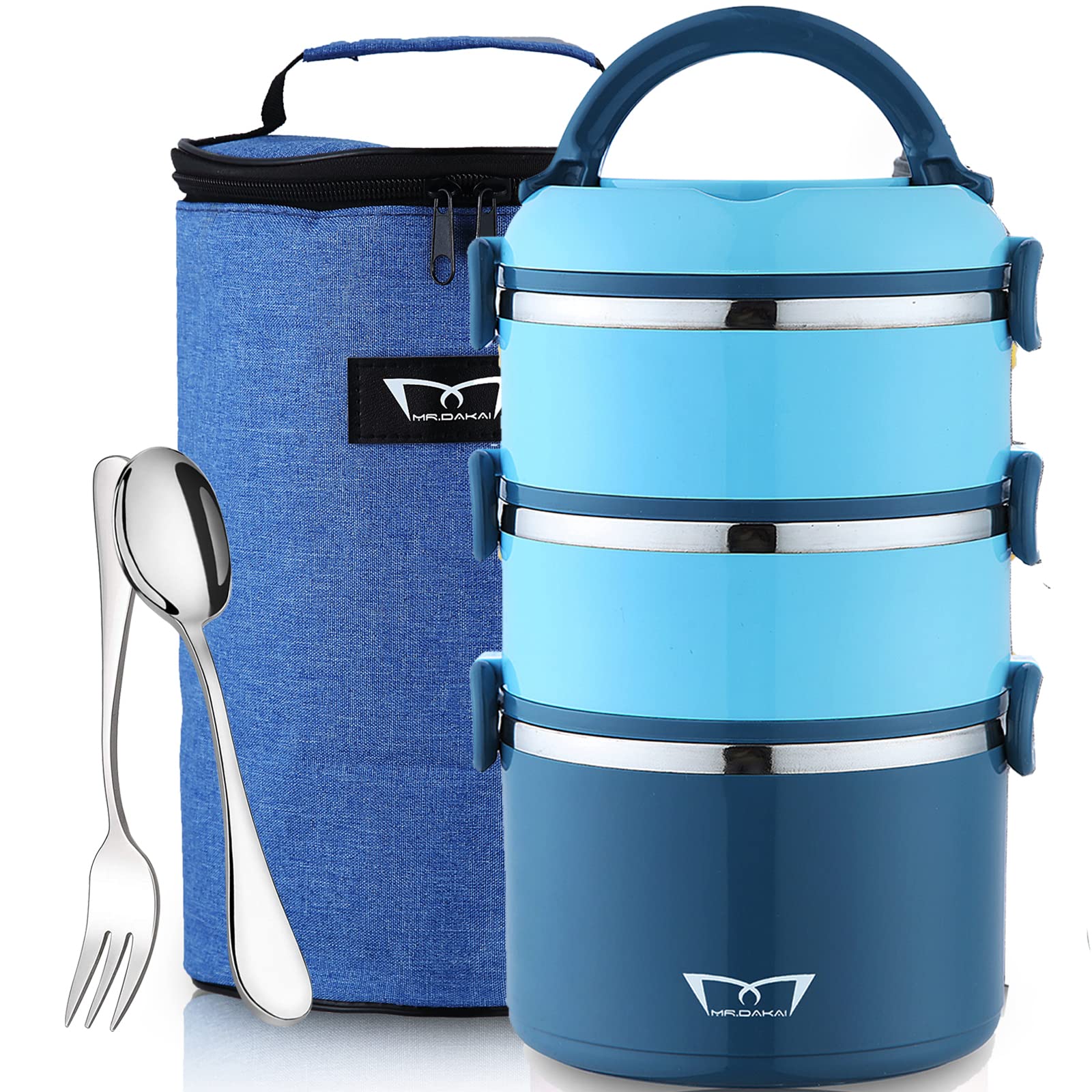 **Insulated Stainless Steel Bento Box for Adults - Leakproof 3-Tier Stackable Lunch Container with Thermal Lunch Bag & Utensils (Blue) - Perfect for Work, School, Camping & Meal Prep**
