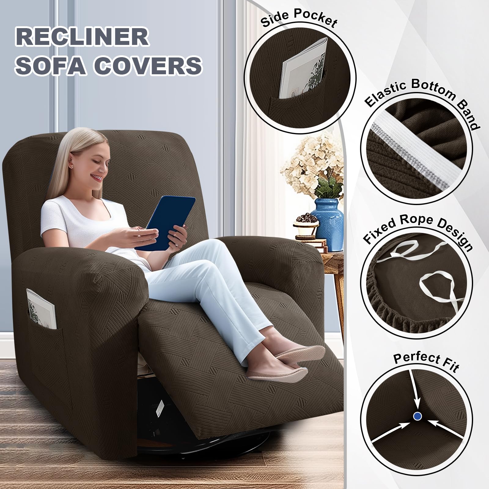 JIVINER Jacquard 4-Piece Recliner Sofa Cover Set with Pockets - Washable Loveseat Slipcover, Elastic Bottom Couch Protector for Lazy Boy Recliners (Coffee Color) - Perfect for Living Room, Home Theater & Family Room Furniture Protection