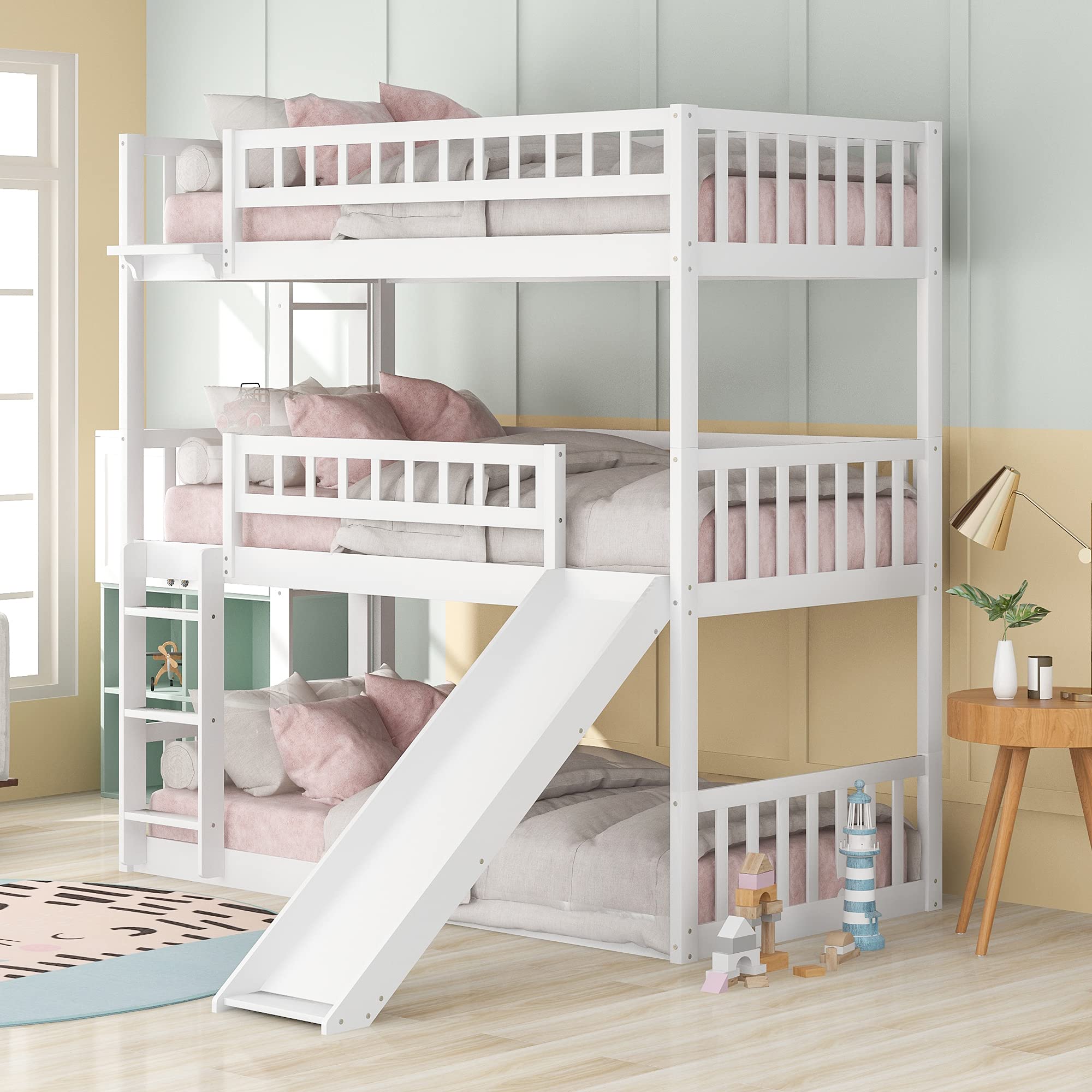 Triple Bunk Bed with Slide & Guardrails - Twin Over Twin Over Twin Wooden Bunk Beds for Teens & Adults, Convertible to 3 Separate Beds (No Box Spring Needed) - Perfect for Kids' Bedrooms, Dormitories & Space-Saving Home Furniture - White