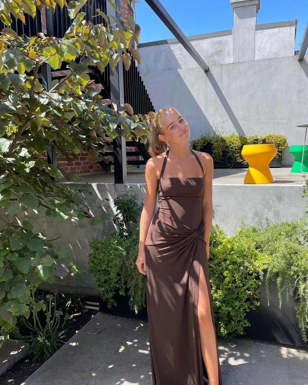 Elegant Halter Neck Brown Long Prom Dress with High Slit J2810 - Perfect for Homecoming, Formal Dances & Evening Parties