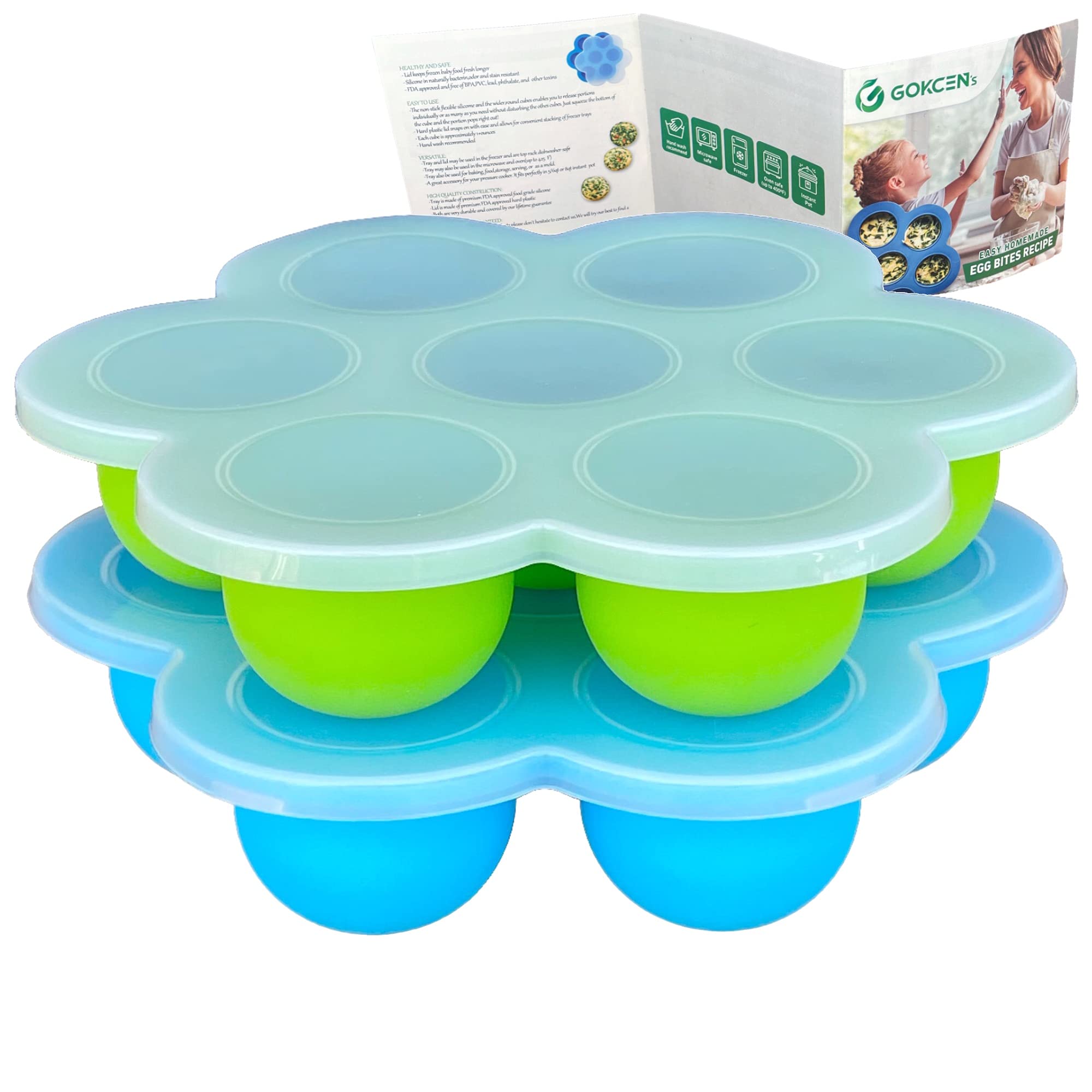 GOKCEN 2-Pack Silicone Egg Bite Molds for Instant Pot 5,6,8 qt Pressure Cooker - Reusable Freezer-Safe Food Storage Containers with Lid (Blue & Green) - Perfect for Meal Prep, Sous Vide, and Healthy Snacks