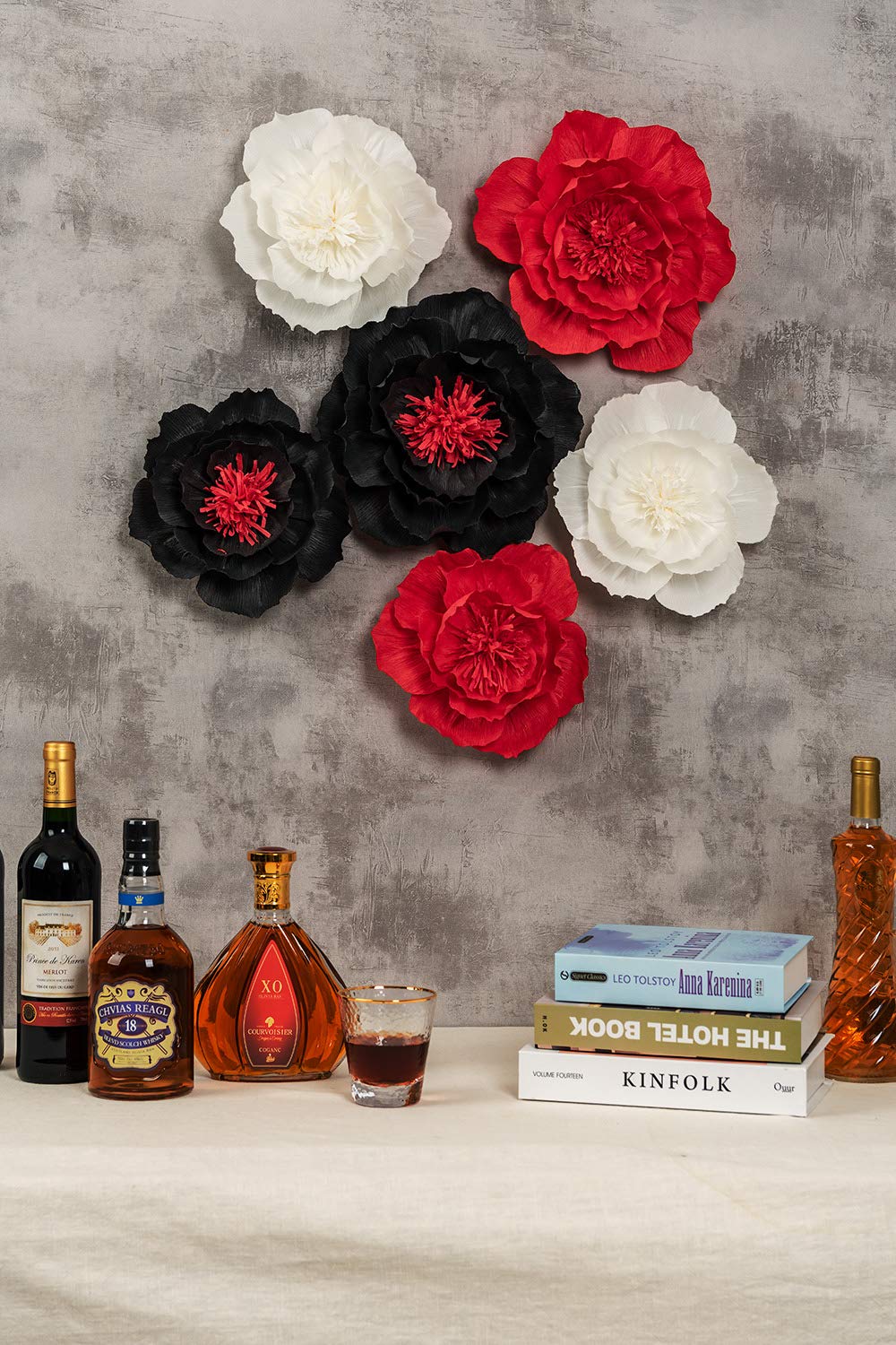 Large Crepe Paper Flowers for Wall Decor - Wedding Backdrop, Nursery, Bridal Shower, Graduation & Birthday Party (Set of 6 - Black, Red, White) | Easy No-Assembly Floral Decorations for Home & Event Styling