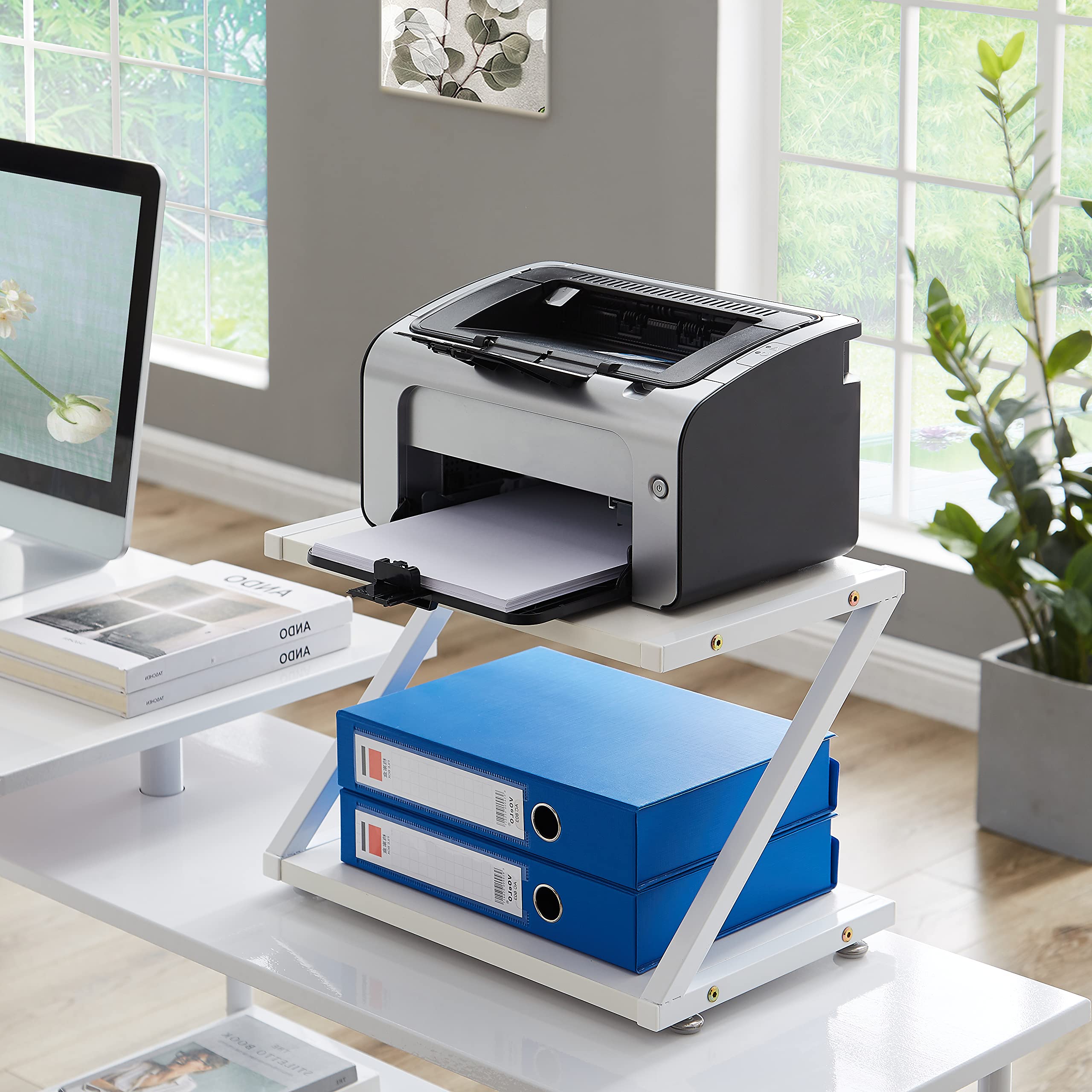 2-Tier White Printer Stand for Desk with Paper Storage - Compact Desktop Printer Organizer & Storage Shelf for Home or Office Workspace - Perfect for HP, Epson, Canon Printers & Office Supplies Organization
