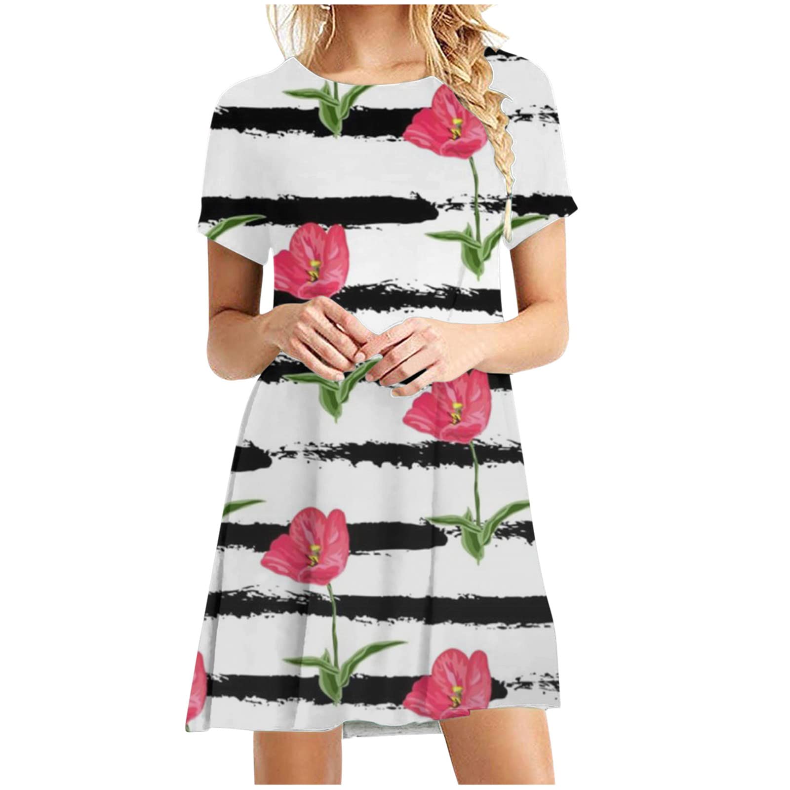 Jsarle Plus Size Cocktail Dress for Women - Summer Casual Boho Crewneck Short Sleeve Floral Beach Mini Dress | Wedding Guest Outfit, Party Wear & Vacation Dress