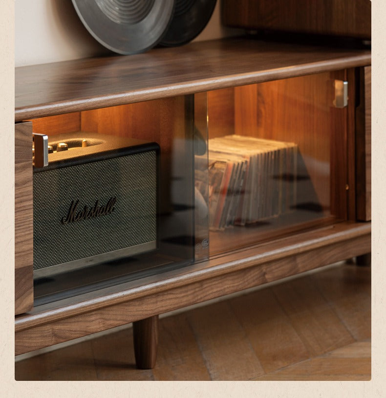 Solid Black Walnut Wood Retro TV Stand with Large Storage | Vintage Entertainment Center for Living Room & Home Theater