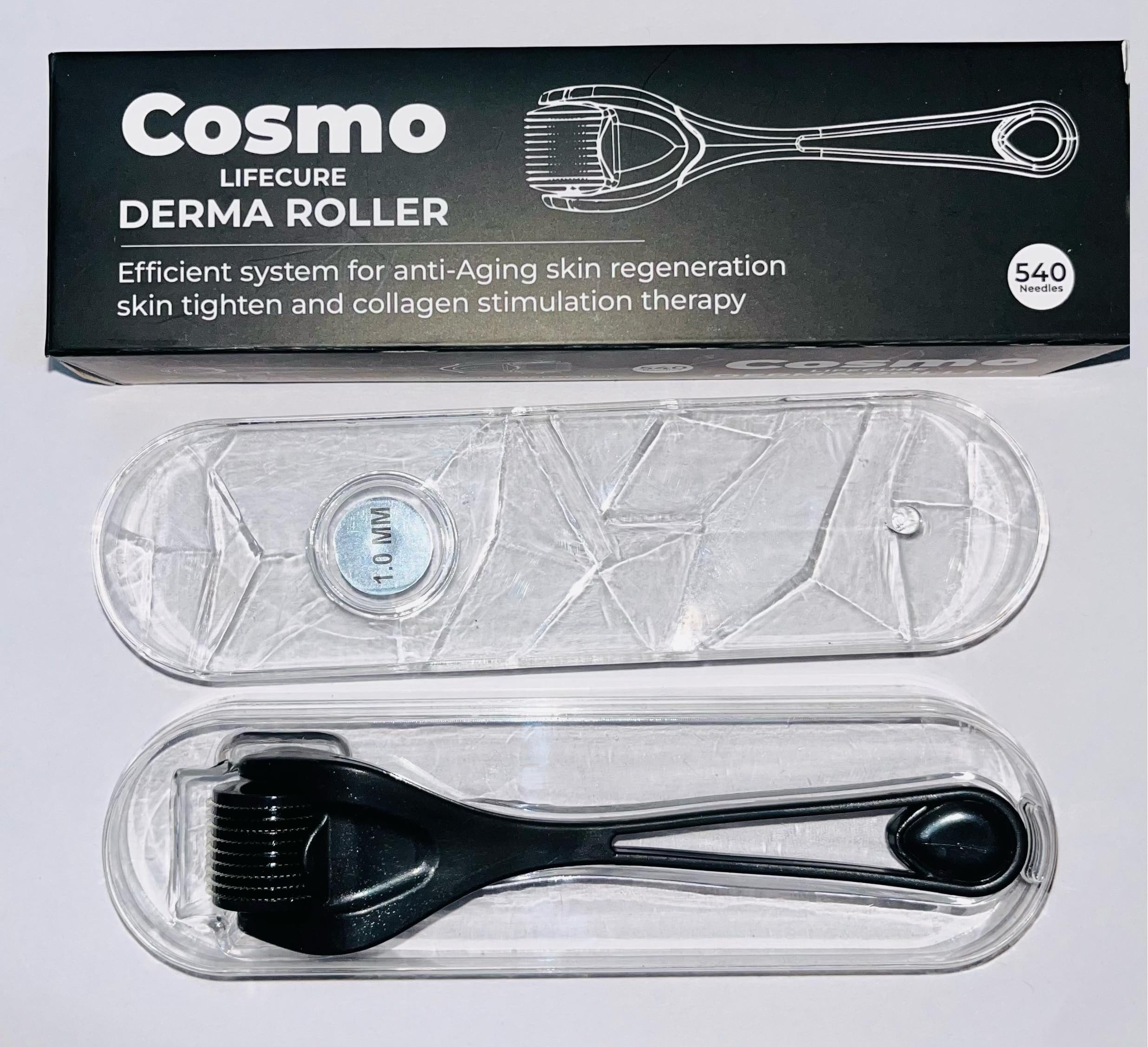 COSMO LIFECURE 1.0mm Derma Roller for Face Acne Scars & Hair Growth - 540 Stainless Steel Microneedles for Facial Skin Care & Beard Regrowth - At-Home Noiseless Derma Roller Treatment for Smooth Skin & Healthy Hair (1.0mm) - Perfect for Daily Skincare Routine & Hair Regrowth Therapy