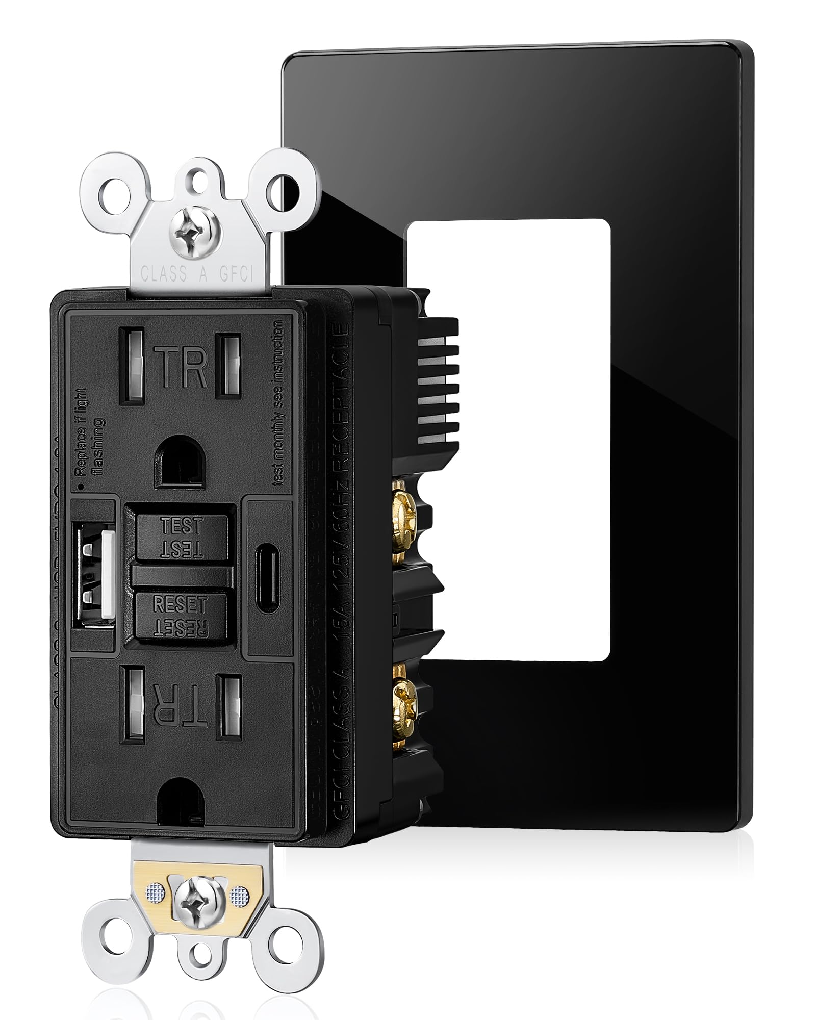 SURAIELEC 15 Amp GFCI Outlet with USB Ports - Self-Test GFCI Combo Outlet with USB-C & USB-A, Tamper-Resistant Electrical Outlet, Screwless Wall Plate, ETL Listed (Black, 1-Pack) - Perfect for Kitchens, Bathrooms & Home Offices