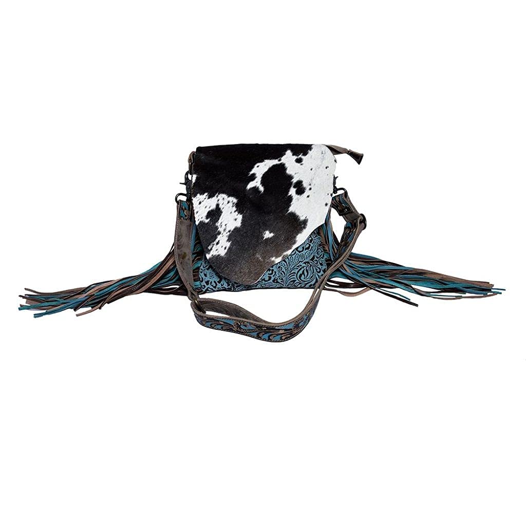 Myra Blue Cow Print Leather Fringe Bag - Conceal Carry for Outdoors