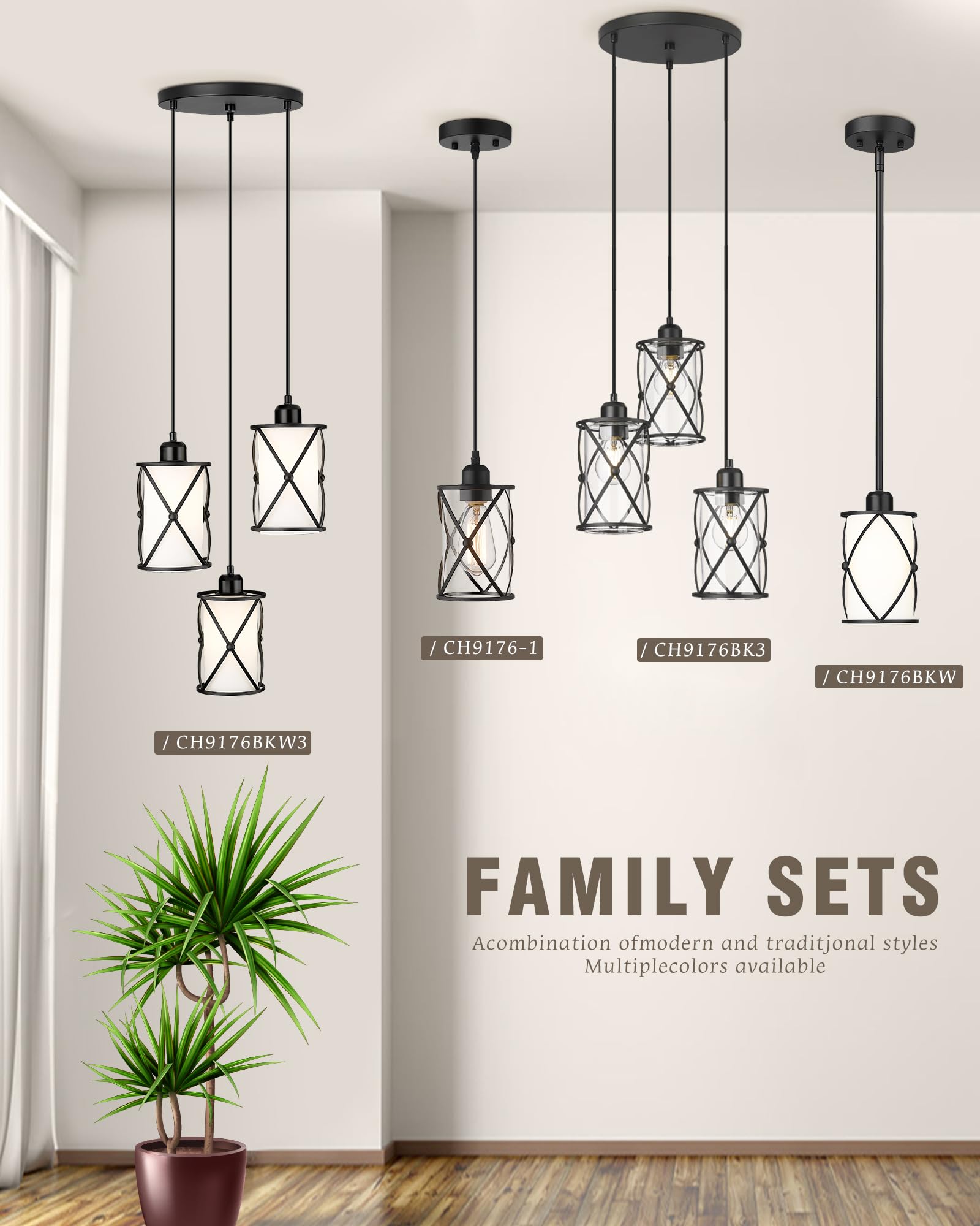 3-Light Black Industrial Pendant Lighting - Modern Adjustable Farmhouse Ceiling Light Fixture with Clear Glass Shades for Kitchen Island, Dining Room & Bar Counter | CH9176BK3