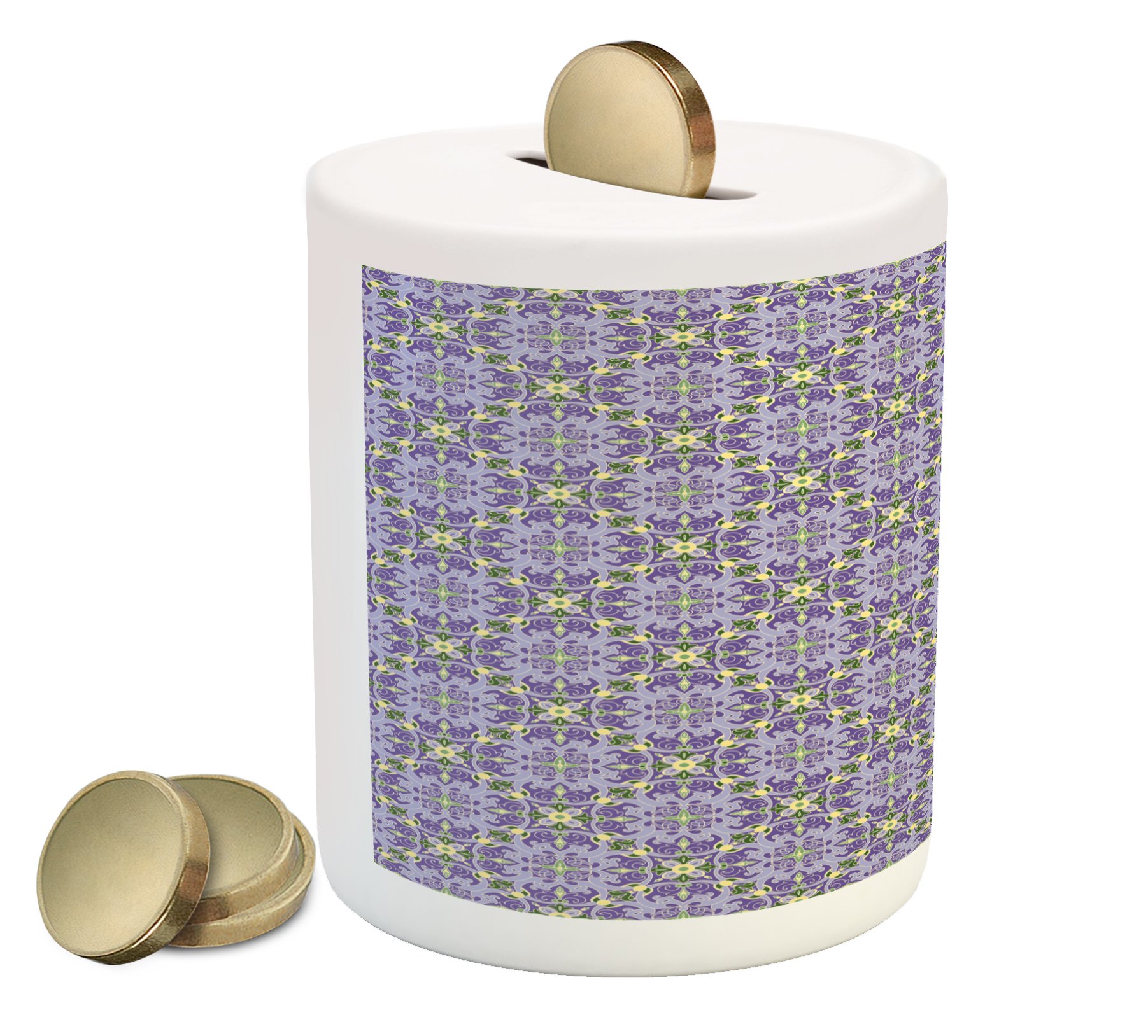 Ambesonne Vintage Ceramic Piggy Bank with Mandala Floral Motifs - Oriental Tile Art Design for Cash Saving | Purple, Lilac & Green Coin Bank | Perfect for Kids' Savings, Home Decor & Gift Giving