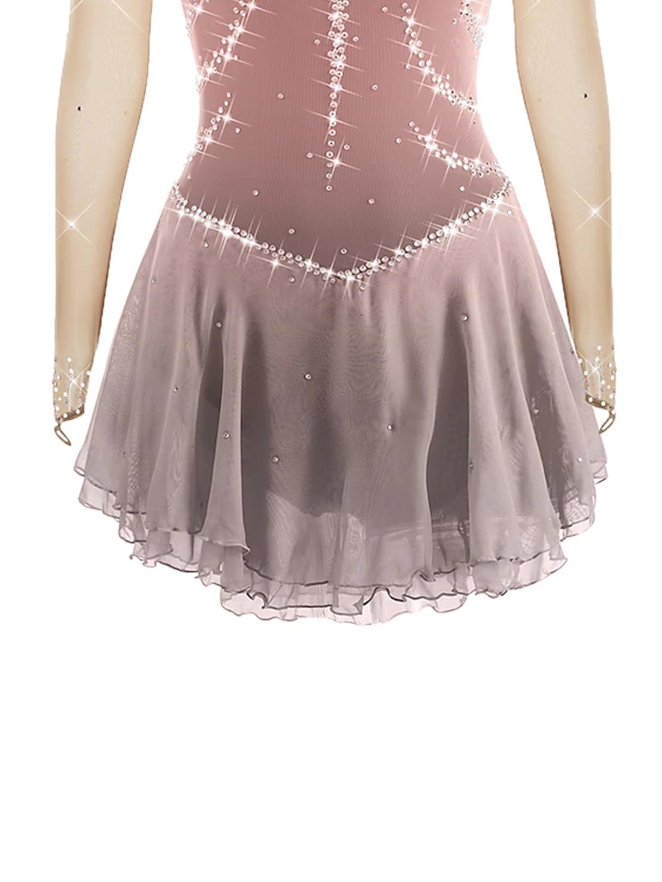 Girls Figure Skating Dress - Grey & Pink Round Neck Long Sleeve Rhinestone Performance Costume for Ice Skating Competitions & Shows | Perfect for Ice Shows, Competitions, and Practice Sessions