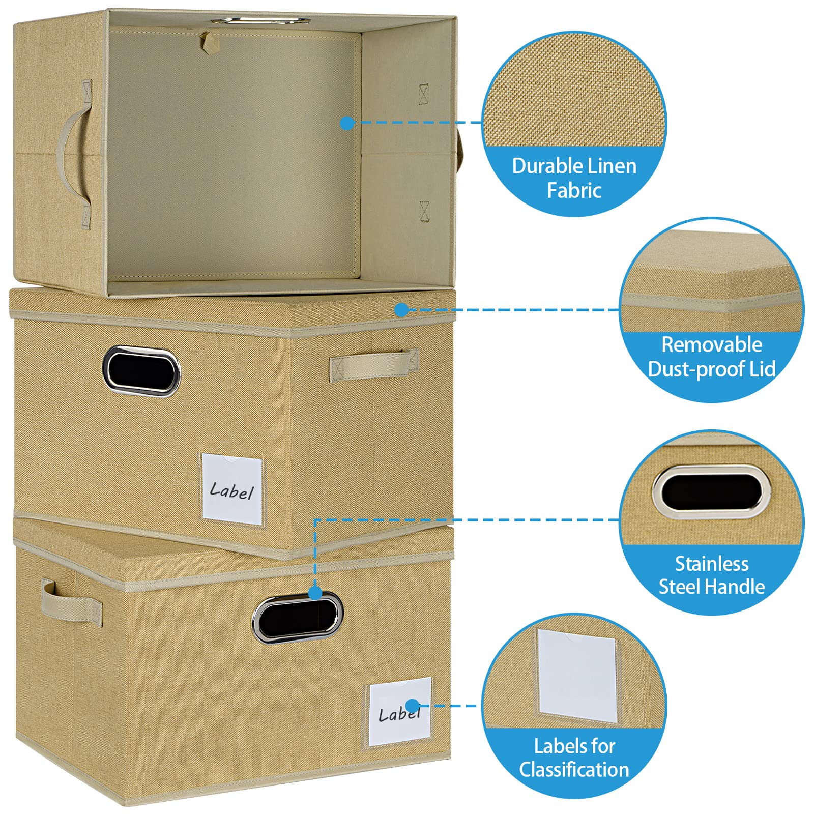 LHZK 6-Pack Large Foldable Fabric Storage Bins with Lids - Sturdy Linen Closet Organizers with Labels & 3 Handles for Shelves, Bedroom, Home Office - Perfect for Seasonal Clothes, Toys & Home Organization (Beige, Large)