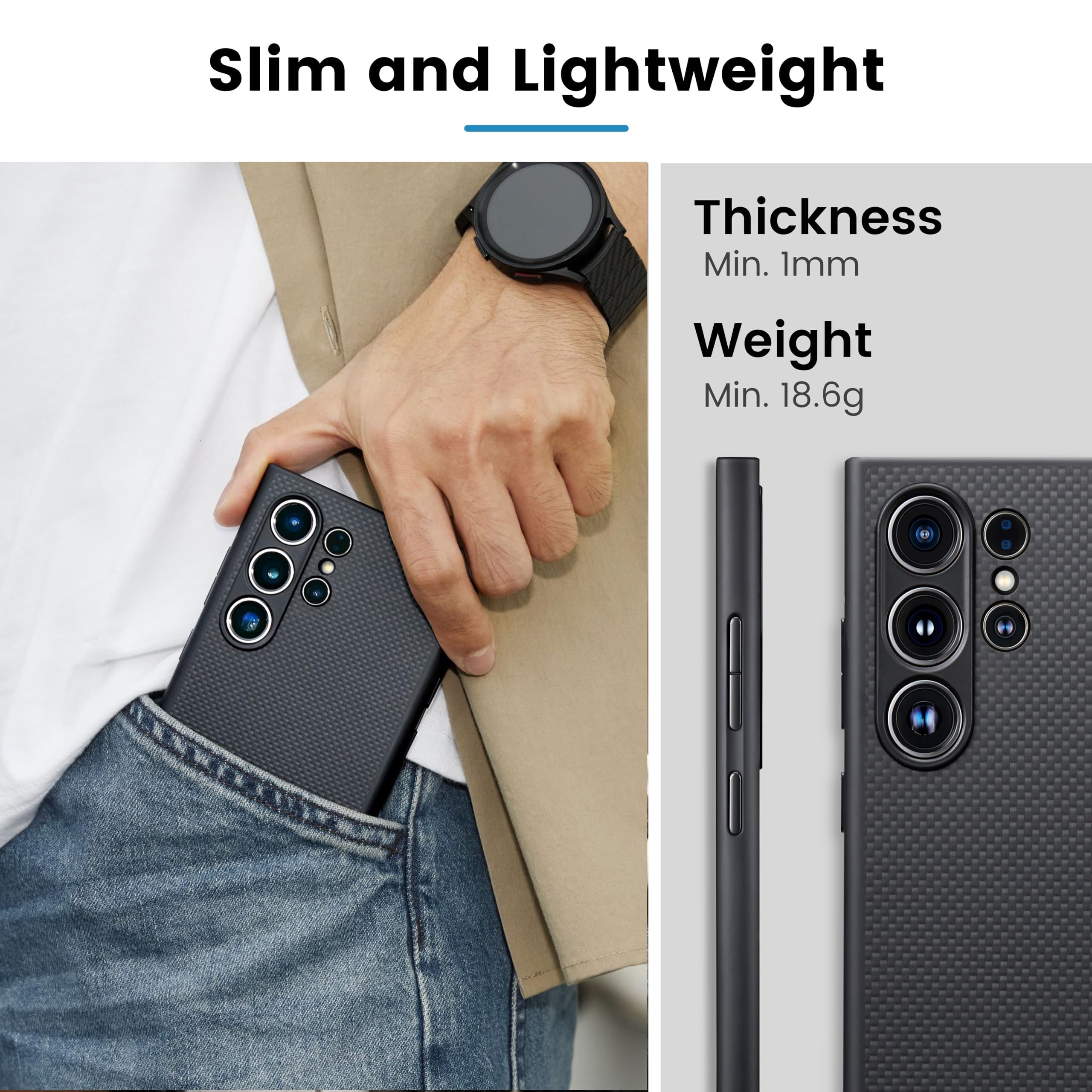 Pitaka Samsung Galaxy S24 Ultra Case 6.8 Inch - Magsafe Compatible Protective Phone Cover with 1500D Aramid Fiber - Slim Durable Black Case for Work, Travel & Everyday Use [PinButton Design]