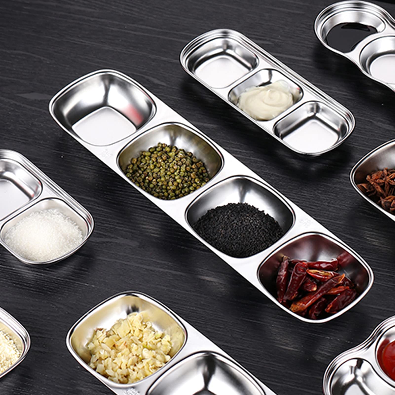 6.02 Inch 304 Stainless Steel Divided Sauce Dish - 2/3 Compartment Korean Ketchup Bowl, Thickened Hot Pot Sauce Tray, Multi-Purpose Seasoning Dip Container for Camping, Hiking, BBQ, Picnics & Home Kitchen Use