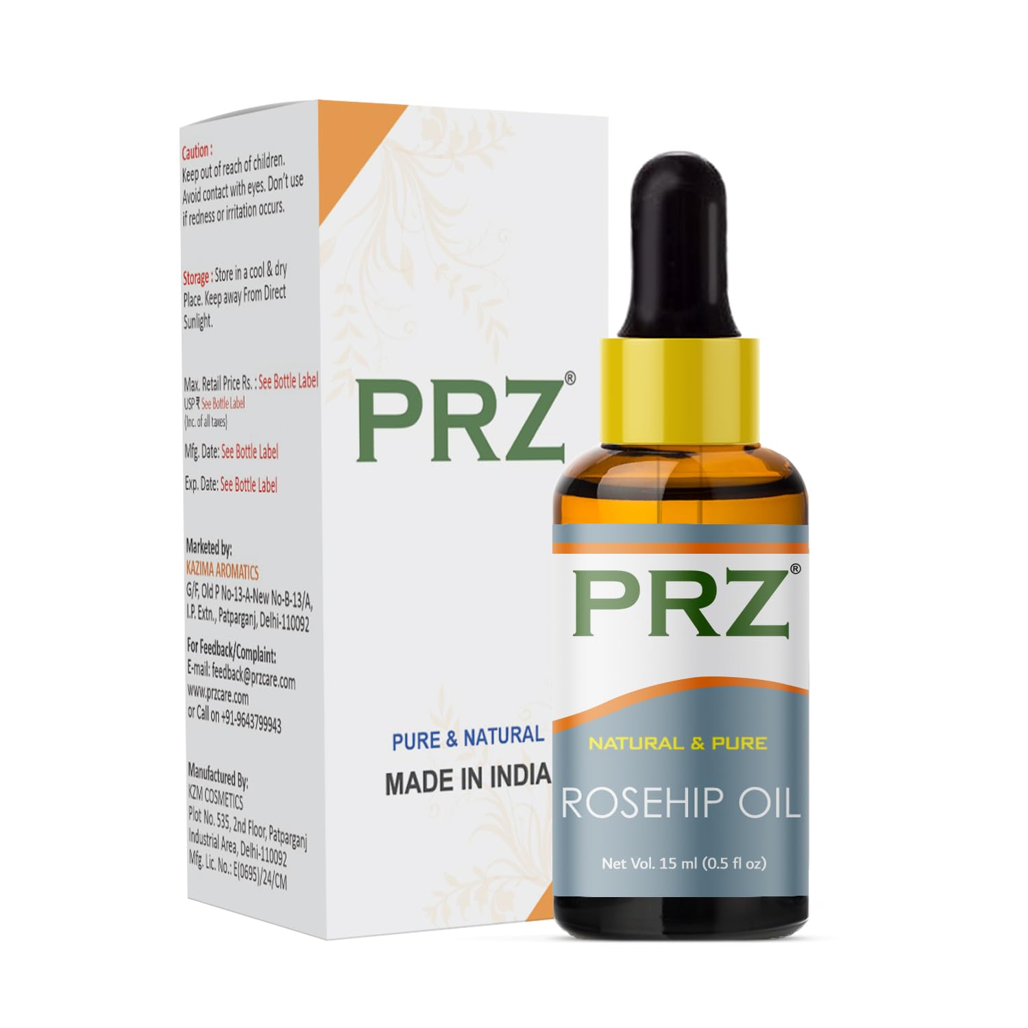 PRZ Rosehip Cold Pressed Carrier Oil 15ML - 100% Pure Natural Therapeutic Grade Oil for Aromatherapy, Body Massage, Skin & Hair Care | Perfect for DIY Beauty Recipes, Anti-Aging & Moisturizing Treatments