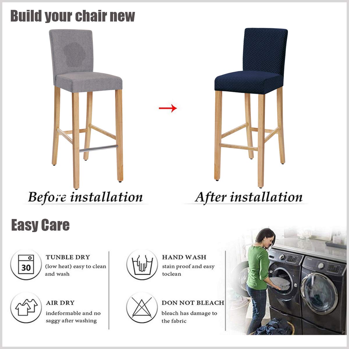 Waterproof Stretch Jacquard Bar Chair Covers - Washable & Removable Slipcovers for Dining Chairs, Bar Stools & Back Chairs (Set of 2, Navy) - Perfect for Restaurants, Cafes & Home Dining Rooms