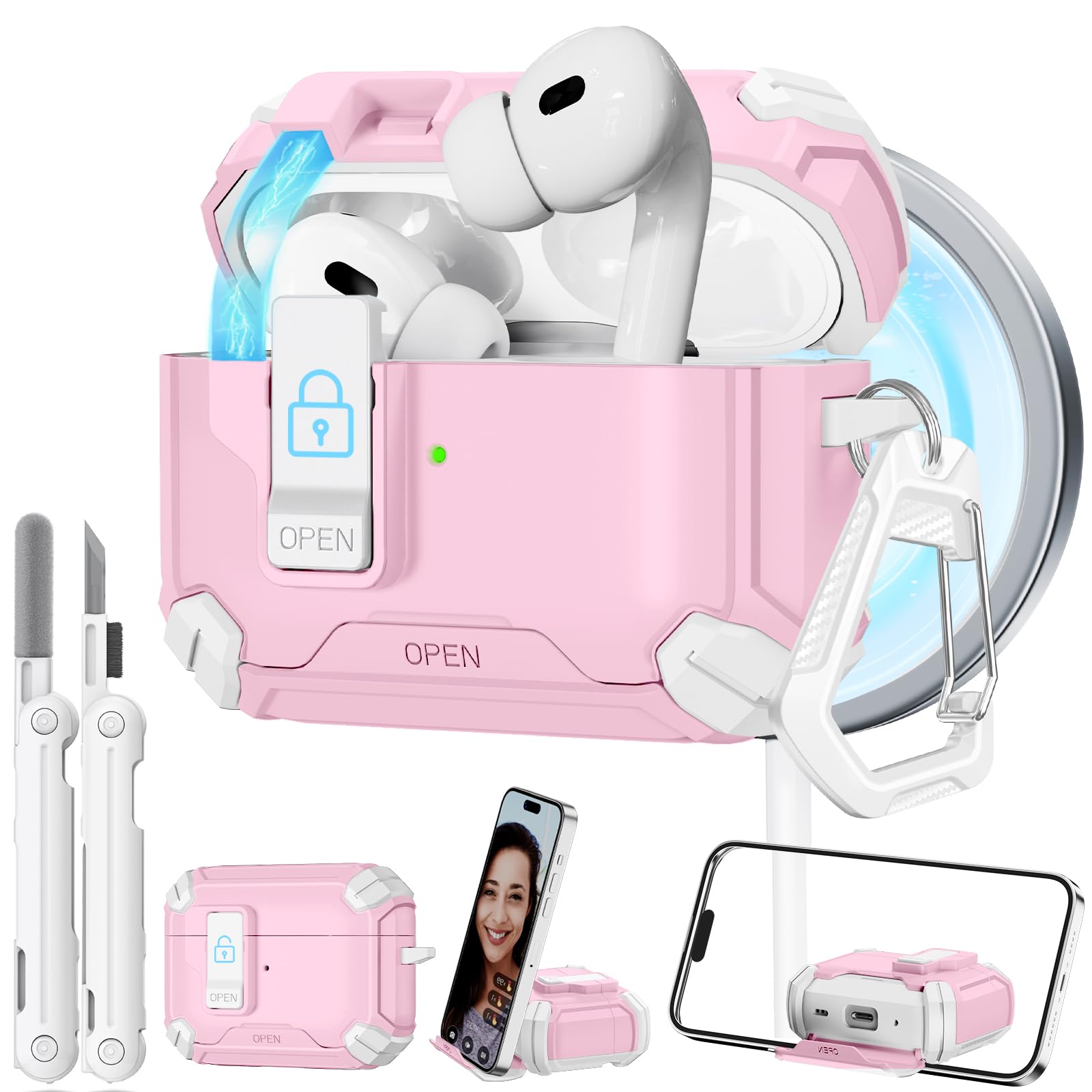 MagSafe AirPods Pro 2 Case with Stand & Cleaner - Pink | Auto-Open for 1st/2nd Gen | Travel & Daily Use