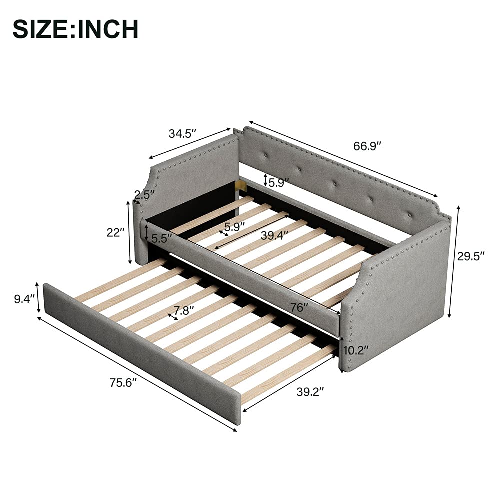 Twin Size Trundle Daybed with Upholstered Tufted Design - Wood Slat Support Sofa Bed Frame, No Box Spring Needed (Gray) - Perfect for Guest Rooms, Small Apartments & Multi-Functional Living Spaces