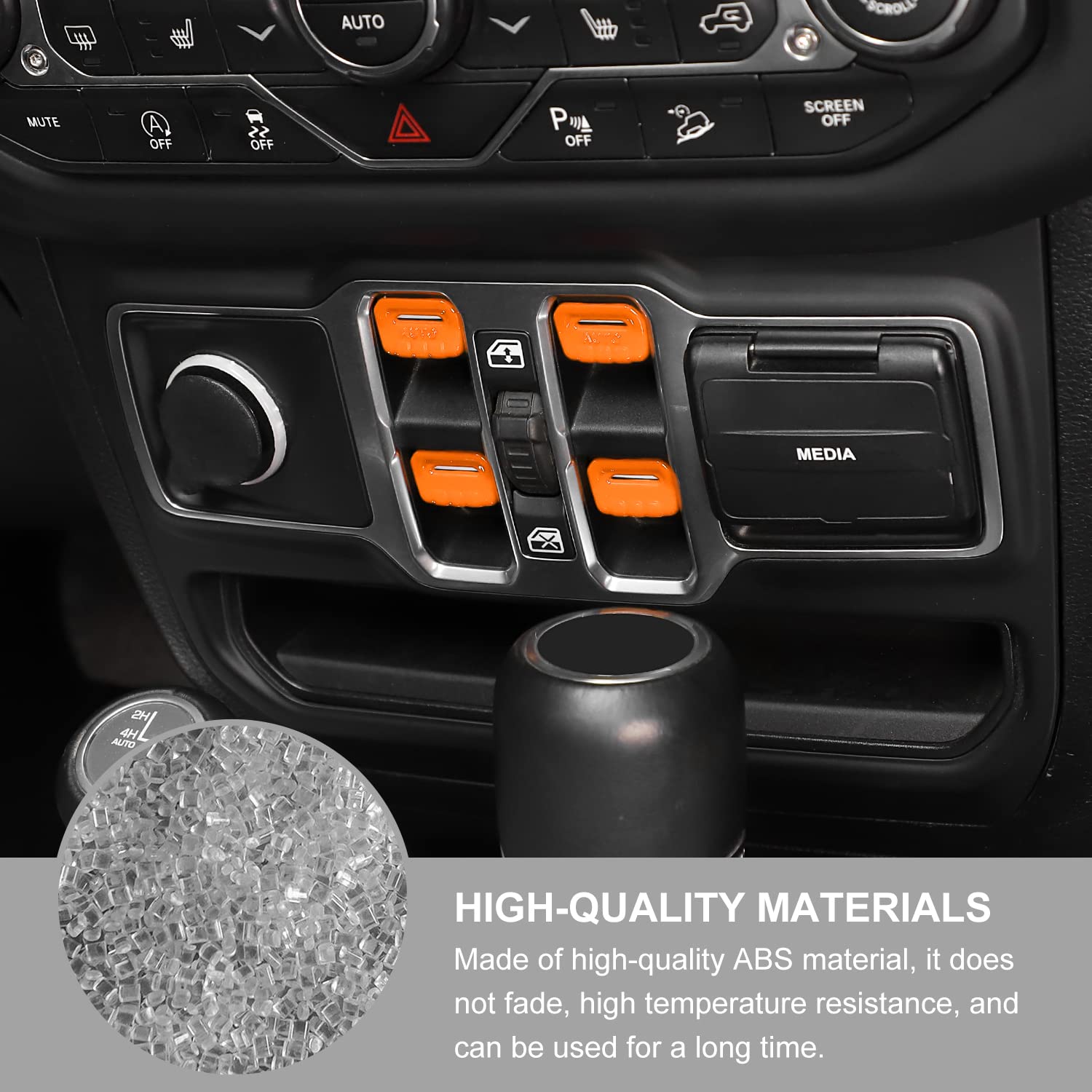 Jeep Wrangler JL JLU (2018-2023) & Gladiator JT (2020-2023) Center Console Window Button Switch Cover - 4PC Interior Trim Accessories in Orange - Upgrade Your Jeep's Interior Style for Off-Road Adventures & Daily Driving