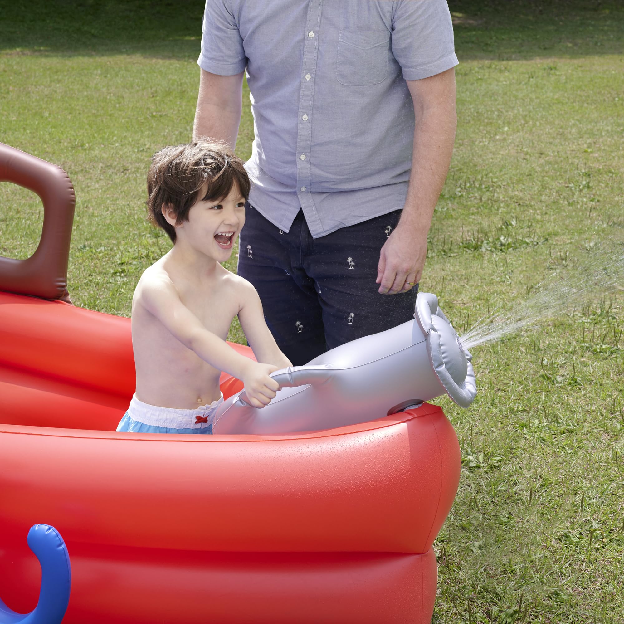 Teamson Kids Inflatable Pirate Ship Water Play Pool with Air Pump, Beach Balls & Accessories - Outdoor Sprinkler Splash Pad for Backyard, Beach & Summer Fun - Red