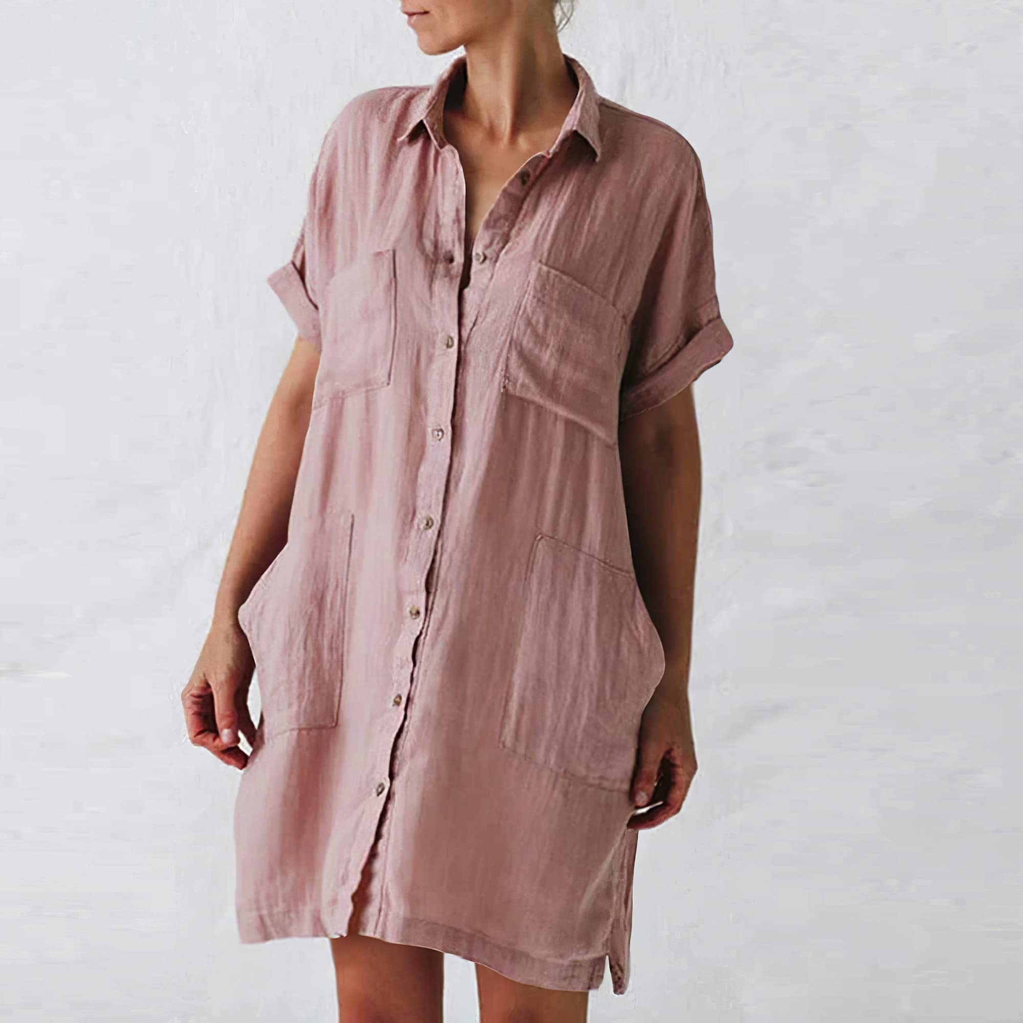 Women's Casual Cotton Linen Button Down Shirt Dress - Oversized Loose Short Sleeve Midi Beach Dress with 4 Pockets | Perfect for Summer Vacation, Beach Cover Up & Boho Style Outfits