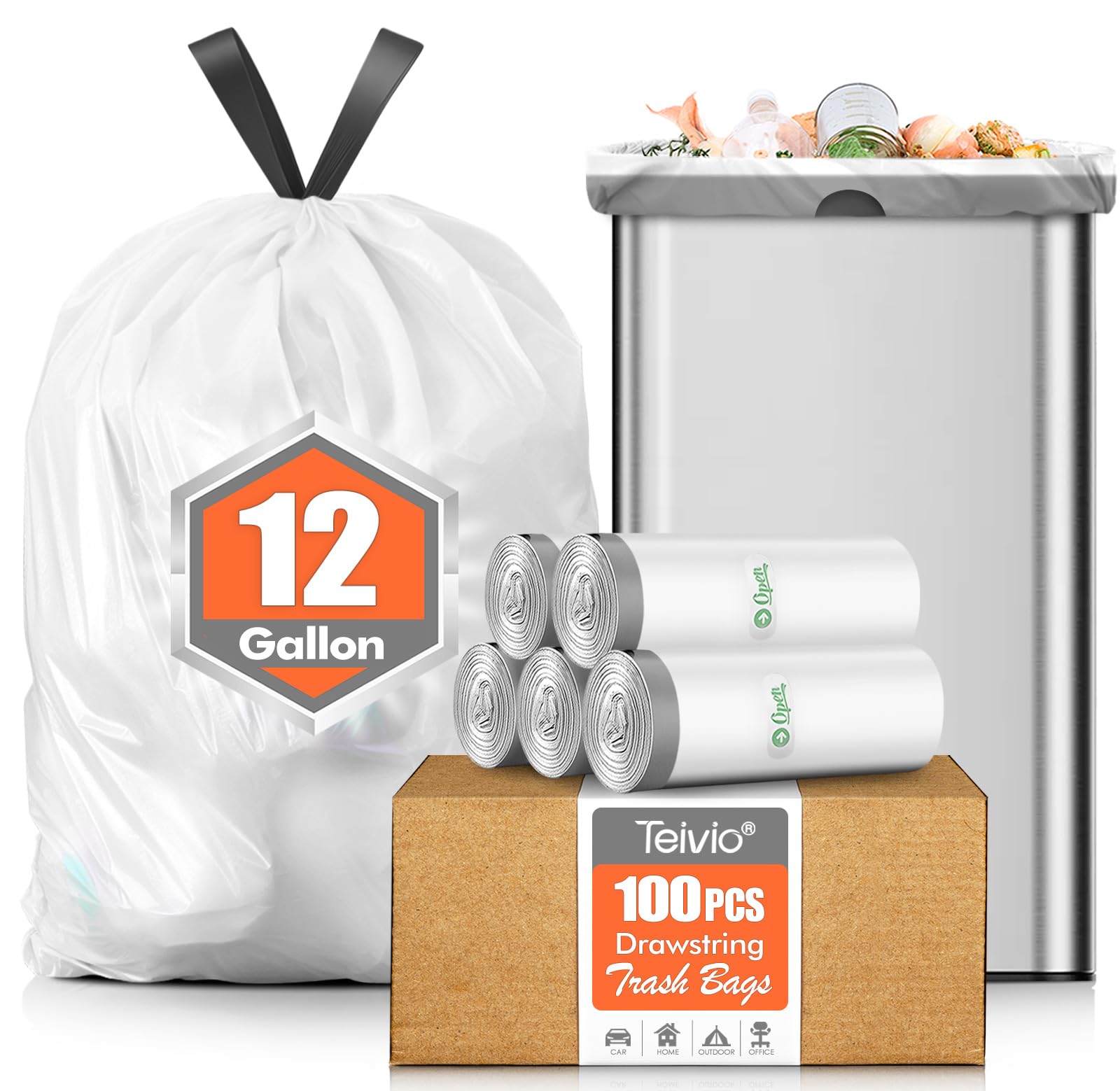 Teivio 12 Gallon 100 Counts Heavy Duty Drawstring Trash Bags - Strong Garbage Bags for Kitchen, Bathroom, Office & Home Use - White Plastic Bin Liners - Perfect for Waste Disposal & Daily Cleaning
