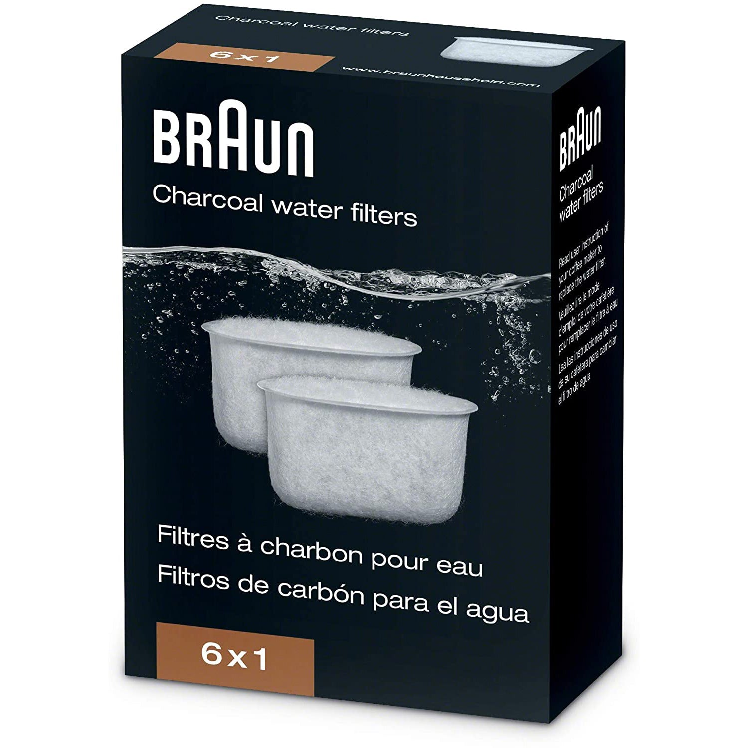 Braun Charcoal Water Filters, 6 Pack - Replacement Filters for Braun Coffee Makers - Removes Impurities & Improves Taste - Perfect for Home, Office & Kitchen Use