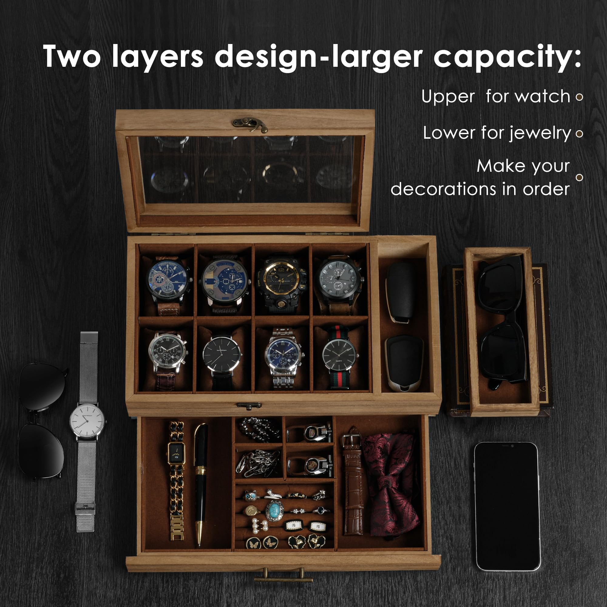 Premium 2-Tier Watch Box with Tray - 8-Slot Wooden Watch Display Case with Removable Pillows & Drawer - Luxury Watch Organizer for Large Dial Watches - Perfect Jewelry Storage Box for Men & Women - Ideal for Travel, Gift Giving & Watch Collection Display (Walnut)