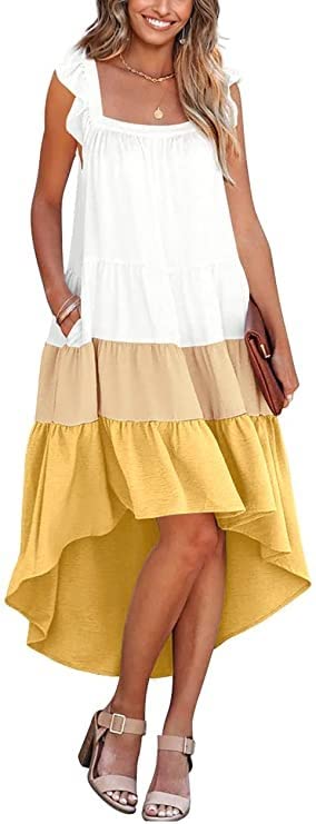 Women's Summer Sleeveless Ruffle High-Low Midi Dress - Square Neck Casual Loose Fit Pleated Flowy Beach Dress for Vacation, Party & Outdoor Date Night