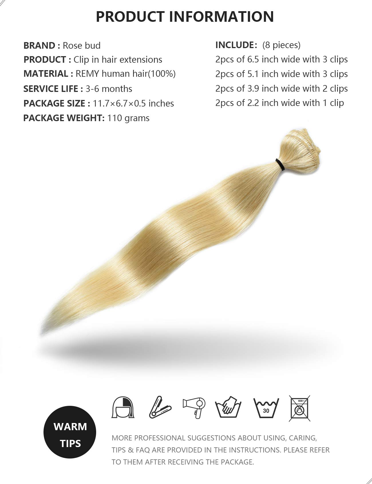 Premium 8-Piece Rose Bud Clip-In Hair Extensions – 100% Remy Human Hair, 18 Clips, 65g/Set, 14 Inch Bleach Blonde | Perfect for Parties, Weddings & Everyday Styling