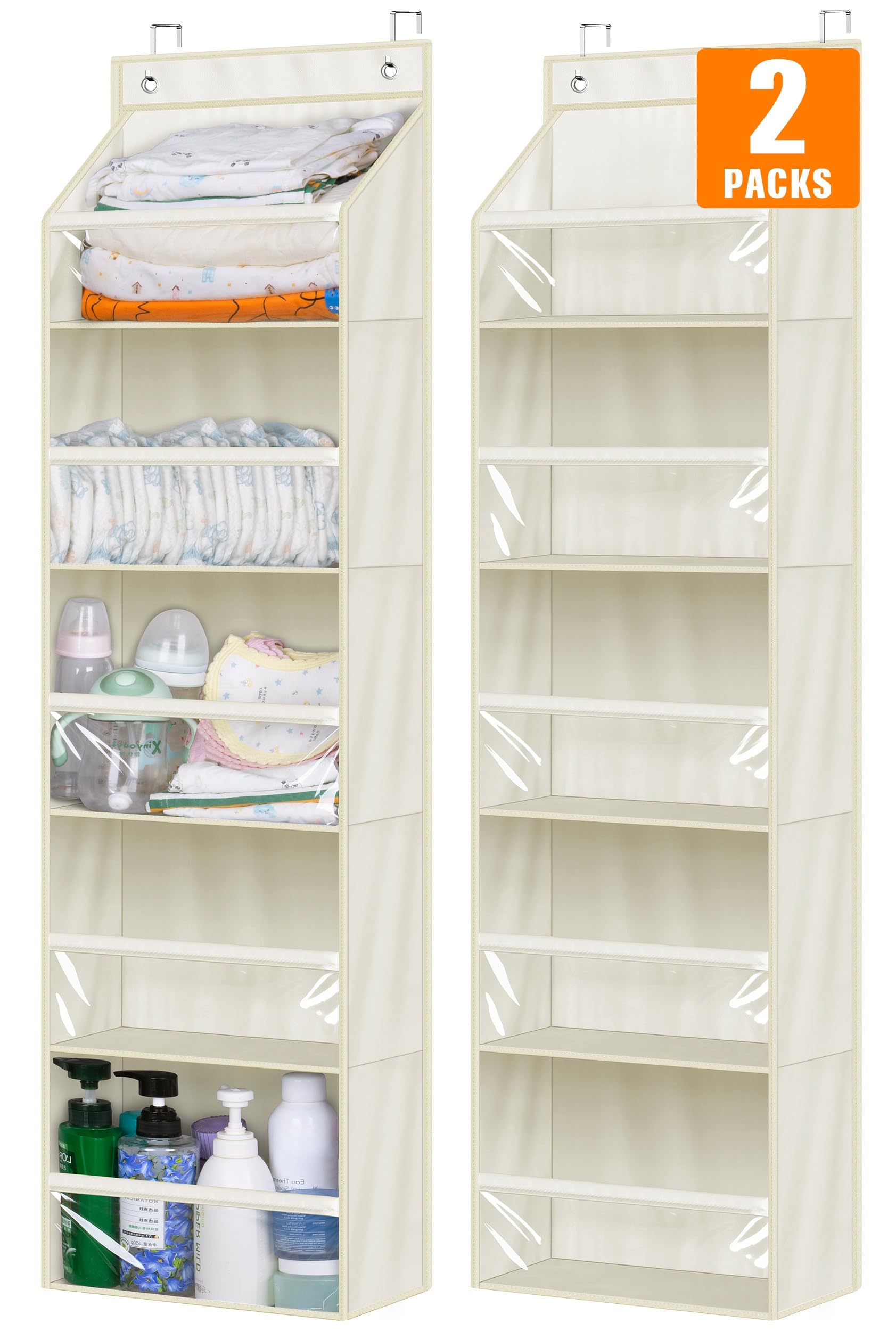 AOODA 2 Pack Over The Door Hanging Organizer with Clear Deep Pockets - Large Capacity Storage for Baby Clothes, Diapers, Toys | Perfect for Nursery, Bathroom, Bedroom & Pantry Organization (Light Beige)