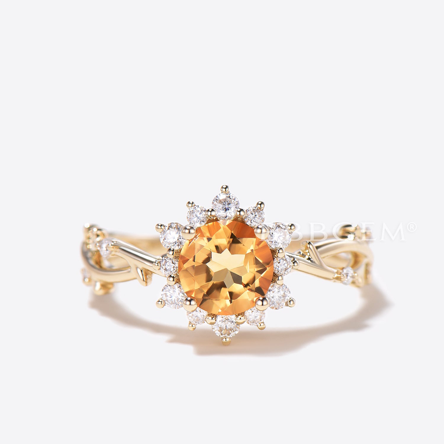 1ct Round Cut Natural Citrine Diamond Halo Wedding Ring - Twig Vine Band for Women - Elegant Engagement & Anniversary Jewelry Gift for Her - Perfect for Bridal, Proposal & Special Occasions
