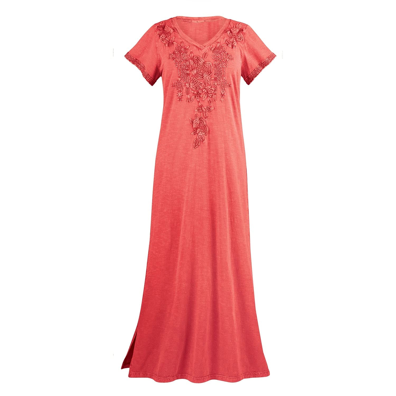 Caite Women's Embroidered Maxi Dress - Floral Long T-Shirt Dress for Summer, Beach & Casual Wear | Tone-on-Tone Floral Design for Women's Fashion