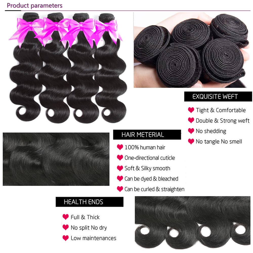 Aelinsi 100% Unprocessed Virgin Brazilian Human Hair Extensions - 4 Bundles Body Wave (22 24 26 28 Inch) 12A Grade Natural Black Wavy Hair for Stunning Hairstyles - Perfect for Daily Wear, Parties & Special Occasions