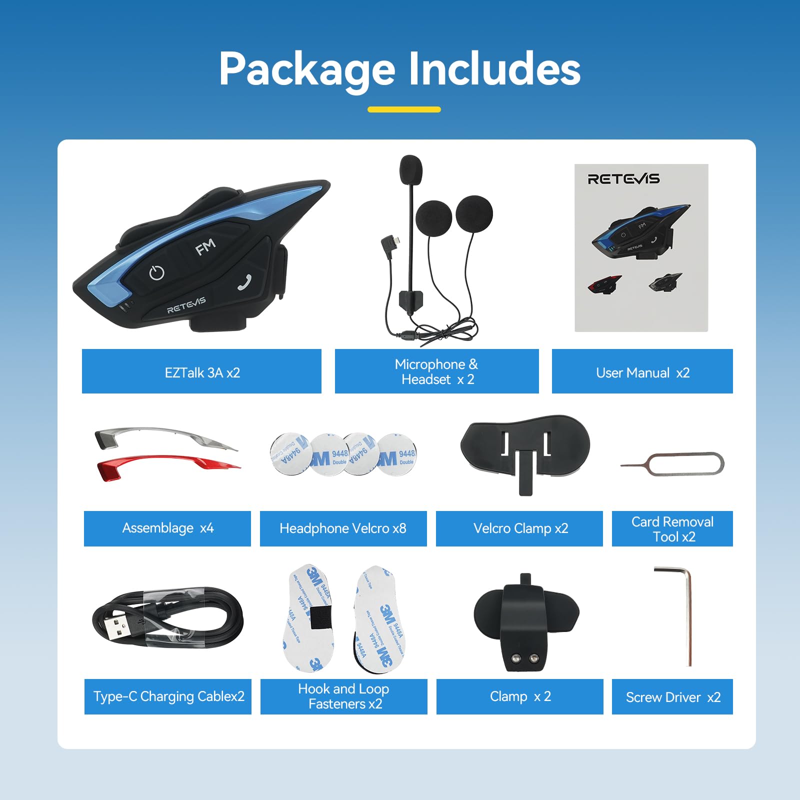 Retevis EZTalk 3A Motorcycle Bluetooth Helmet Intercom Headset - 5.1 Wireless Communication System with CVC Noise Cancellation, Music Sharing & IP65 Waterproof for 2 Riders (1000m Range) - Perfect for Group Riding, Road Trips & Adventure Motorcycling