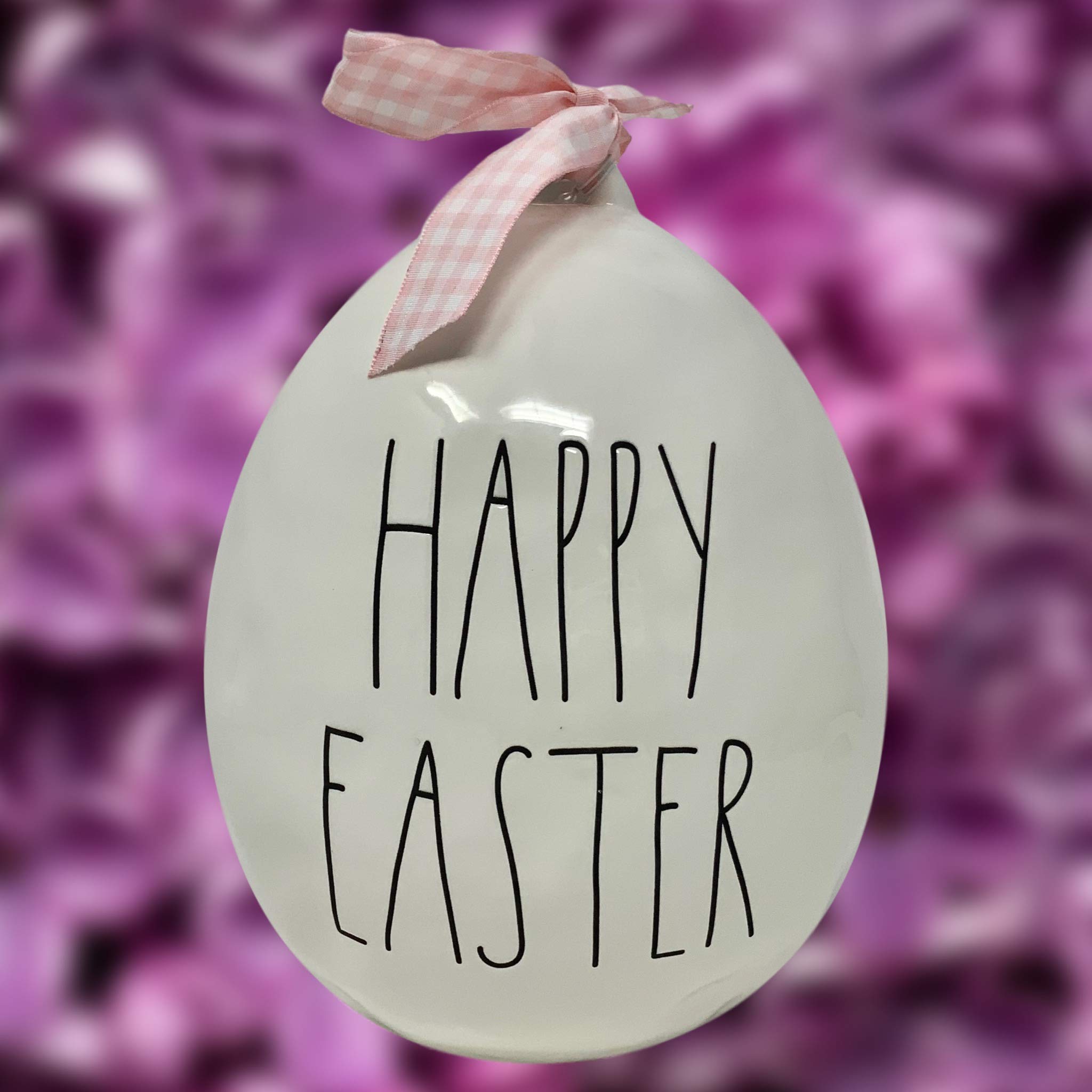 Rae Dunn Large White Easter Egg - Artisan Collection by Magenta - Happy Easter in Bold Black Lettering - Perfect for Easter Home Decor, Table Centerpieces, and Spring Holiday Celebrations (Ribbon Style May Vary)