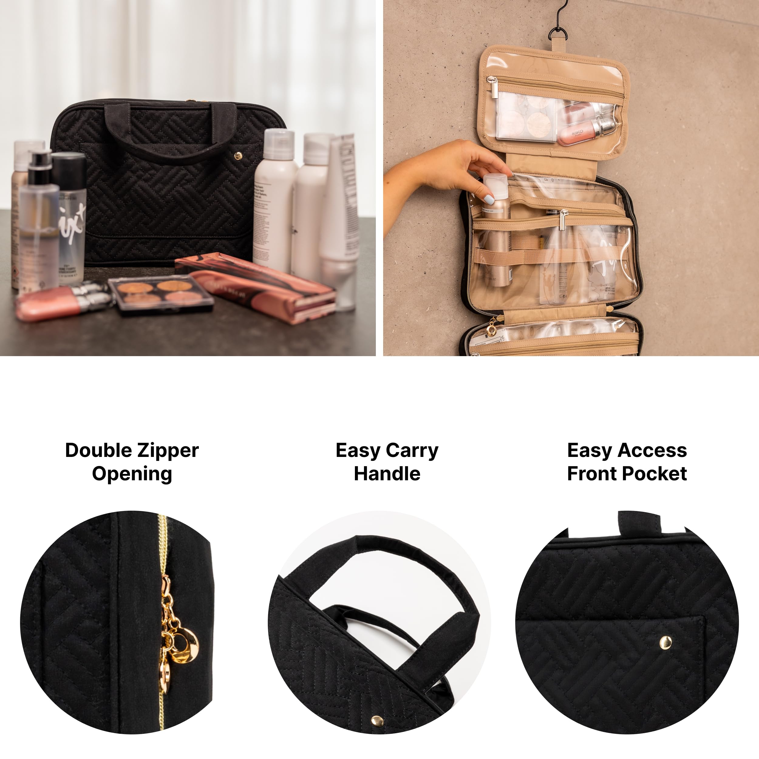 Water-Resistant Hanging Toiletry Bag for Women - Travel Makeup Organizer with Cosmetic & Brush Storage - Small Black Toiletries Bag for Vacation, Gym, Camping & Business Trips