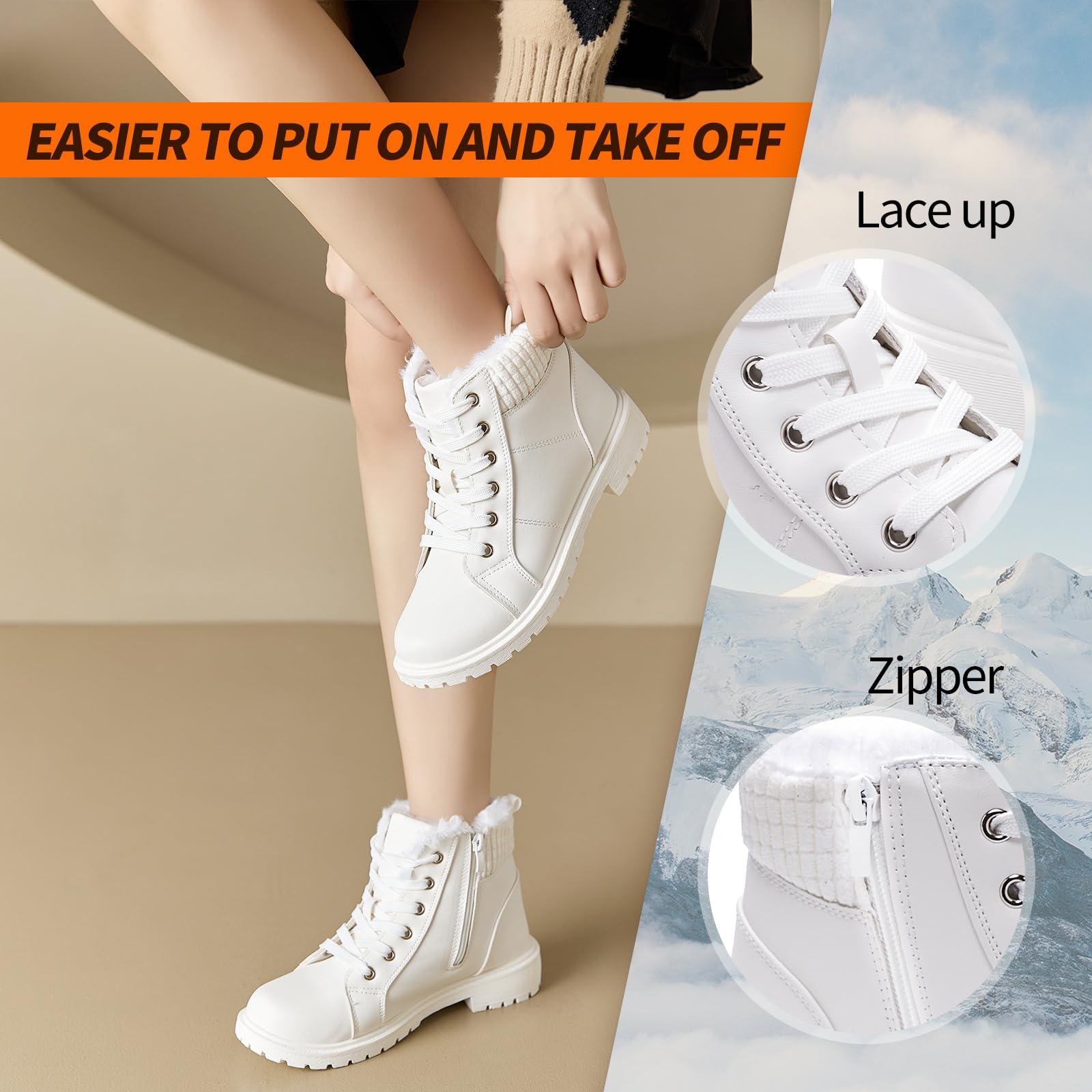 Women's Combat Boots - Black Ankle Booties with Side Zipper | Winter Snow Boots with Non-Slip Sole | Warm Fuzzy Lined Lace-Up Boots for Outdoor, Hiking & Streetwear Fashion