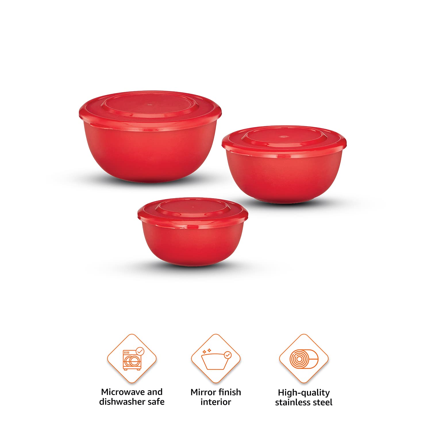 Solimo Stainless Steel Mixing Bowls Set of 3 (500ml, 750ml, 1250ml) - Microwave Safe, No Lids, Red - Perfect for Baking, Meal Prep & Food Storage