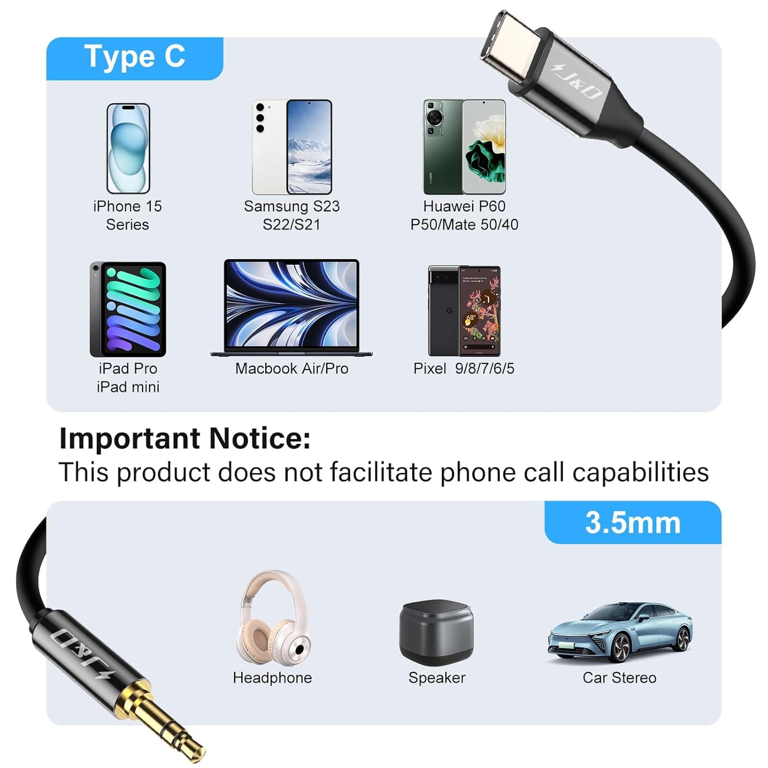 J&D USB C to 6.35mm TS Male Audio Cable - Gold Plated Connectors - 3.3ft/1m - Professional Studio & Guitar Equipment Connection for Musicians & DJs