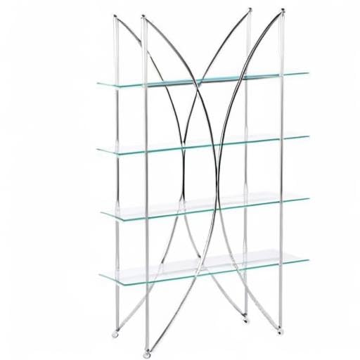 4 Shelf Floating Glass X Motif Bookcase - Chrome Finish Modern Bookshelf for Living Room, Bedroom & Office Storage